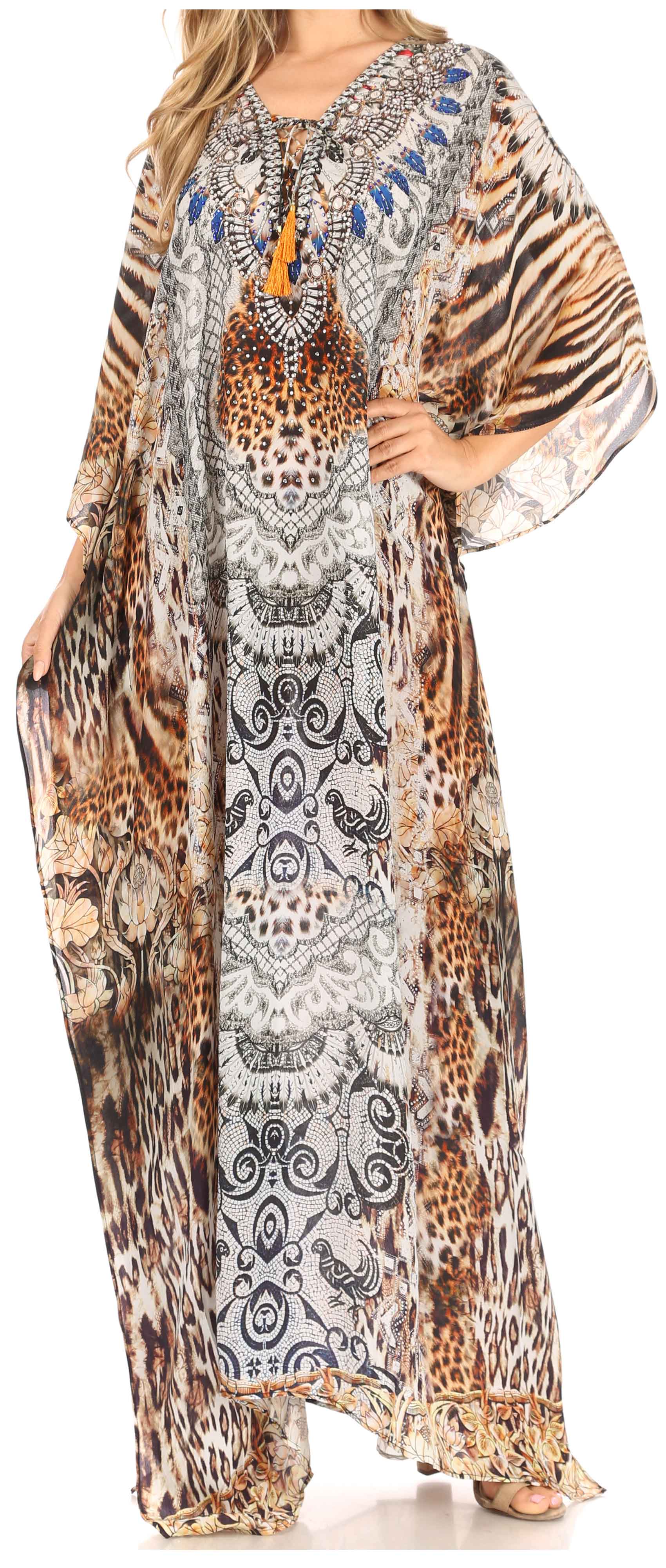 Sakkas Georgettina Flowy Rhinestone V Neck Long Caftan