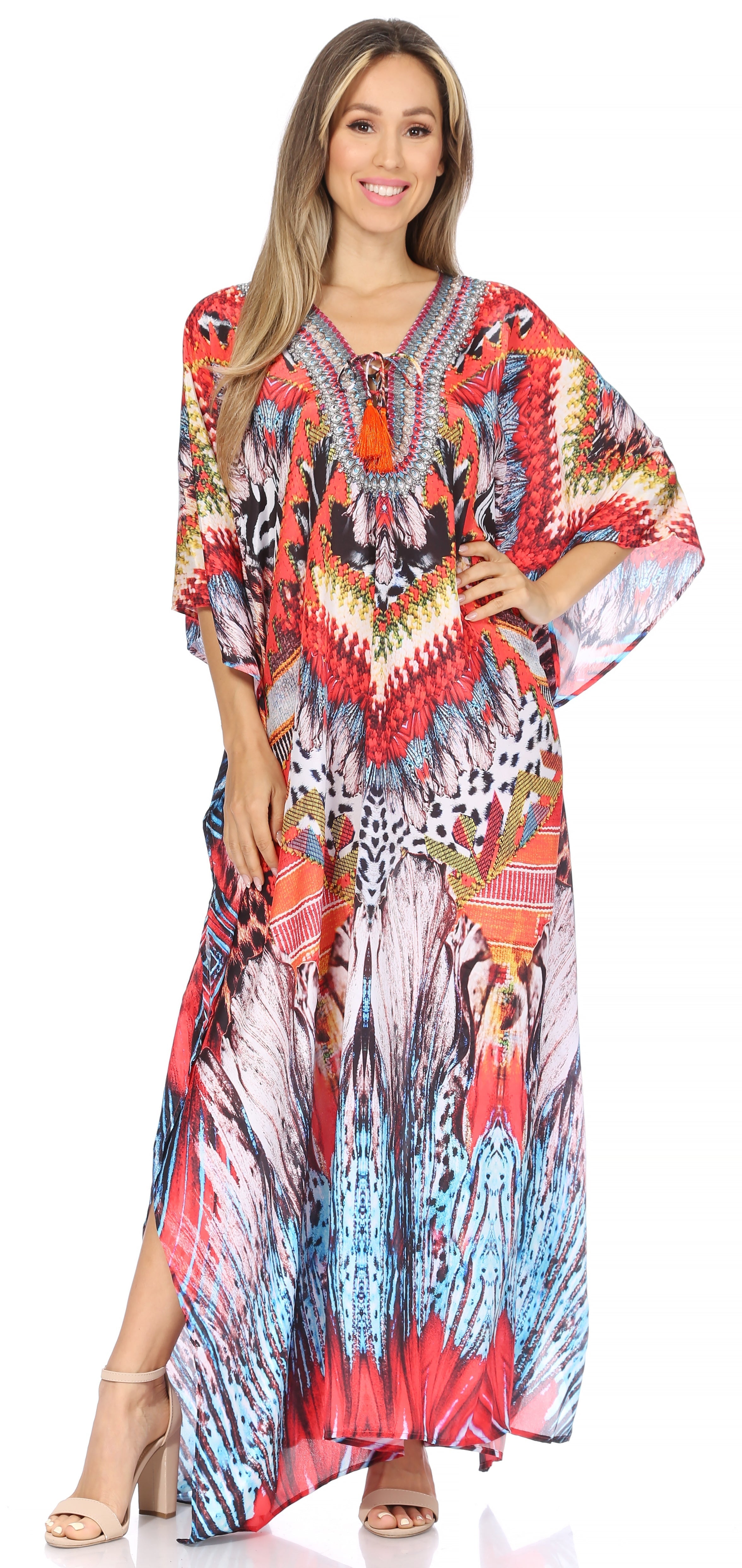 Sakkas Georgettina Flowy Rhinestone V Neck Long Caftan