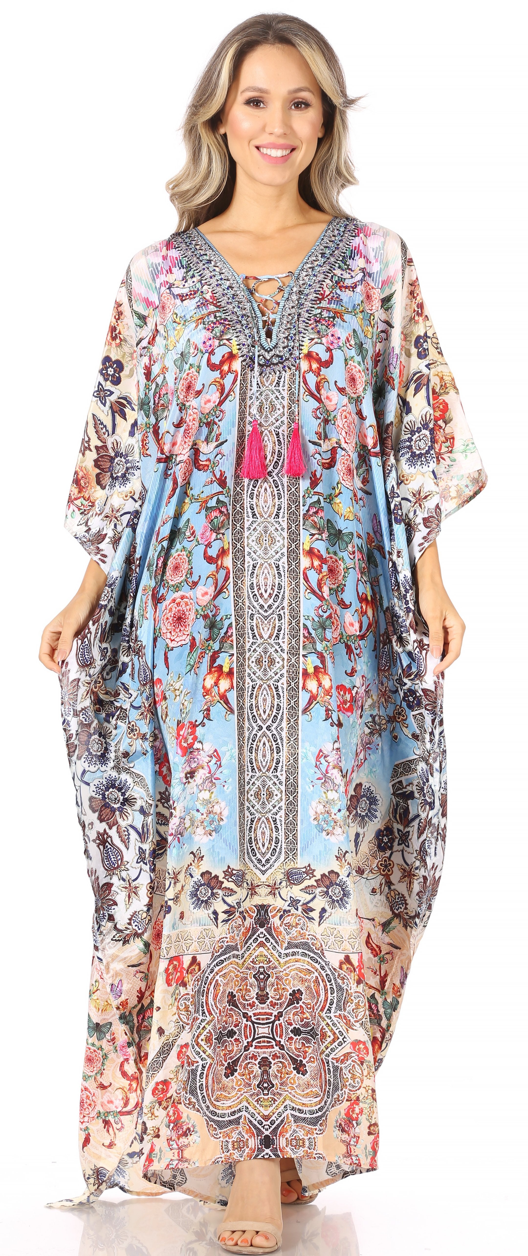 Sakkas Georgettina Flowy Rhinestone V Neck Long Caftan