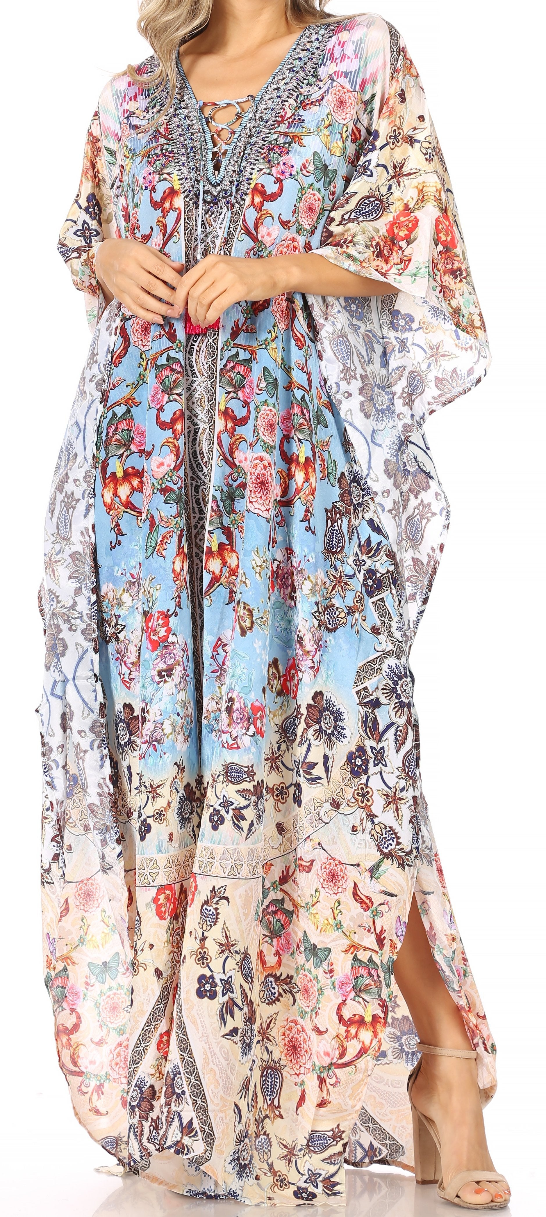 Sakkas Georgettina Flowy Rhinestone V Neck Long Caftan