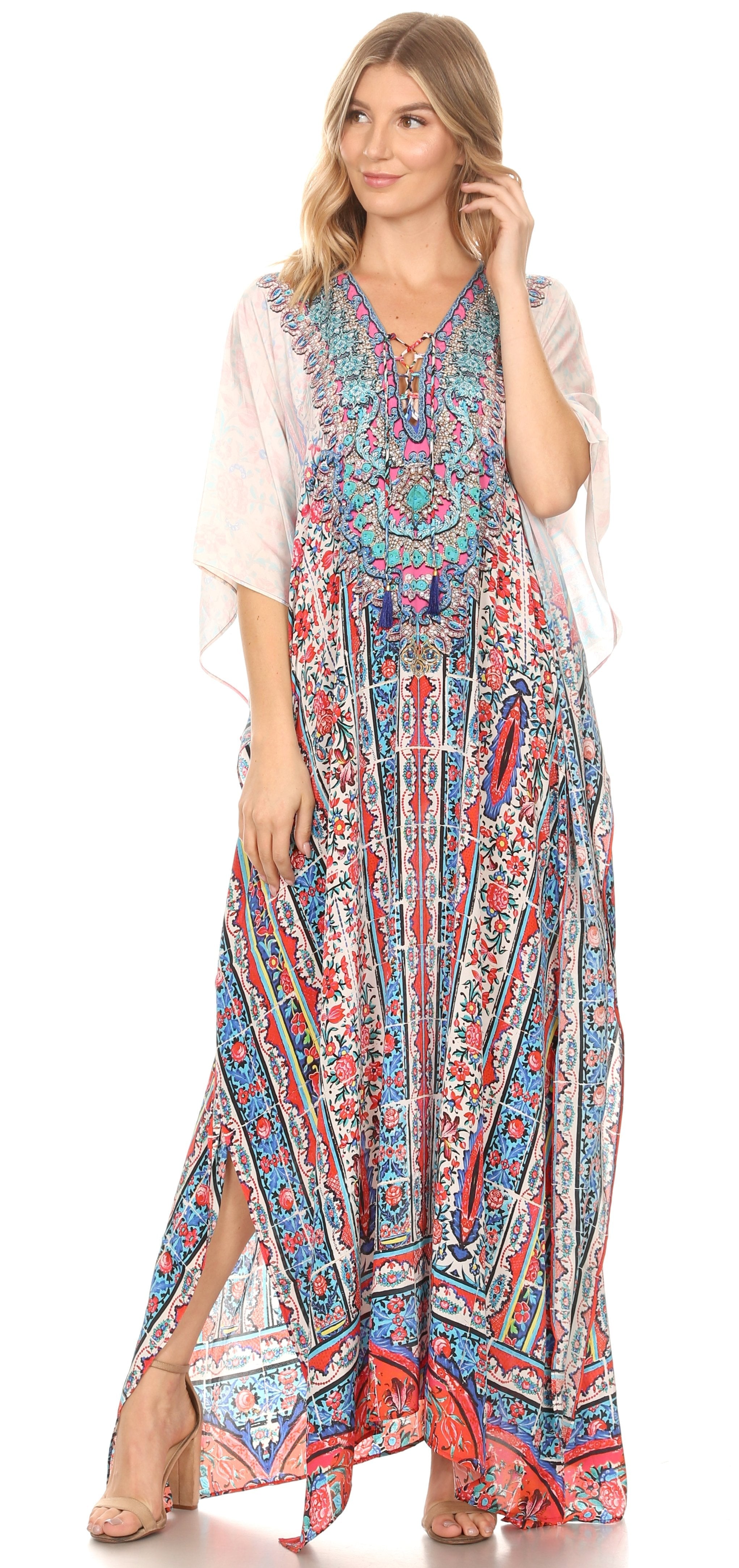 Sakkas Georgettina Flowy Rhinestone V Neck Long Caftan