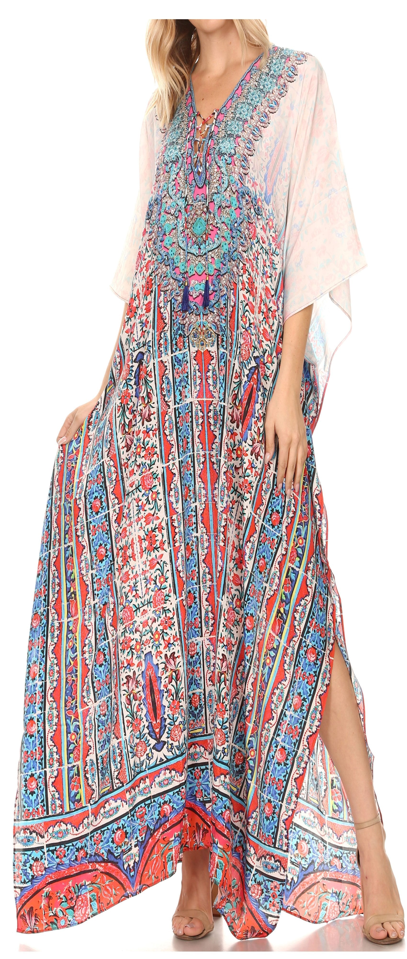Sakkas Georgettina Flowy Rhinestone V Neck Long Caftan