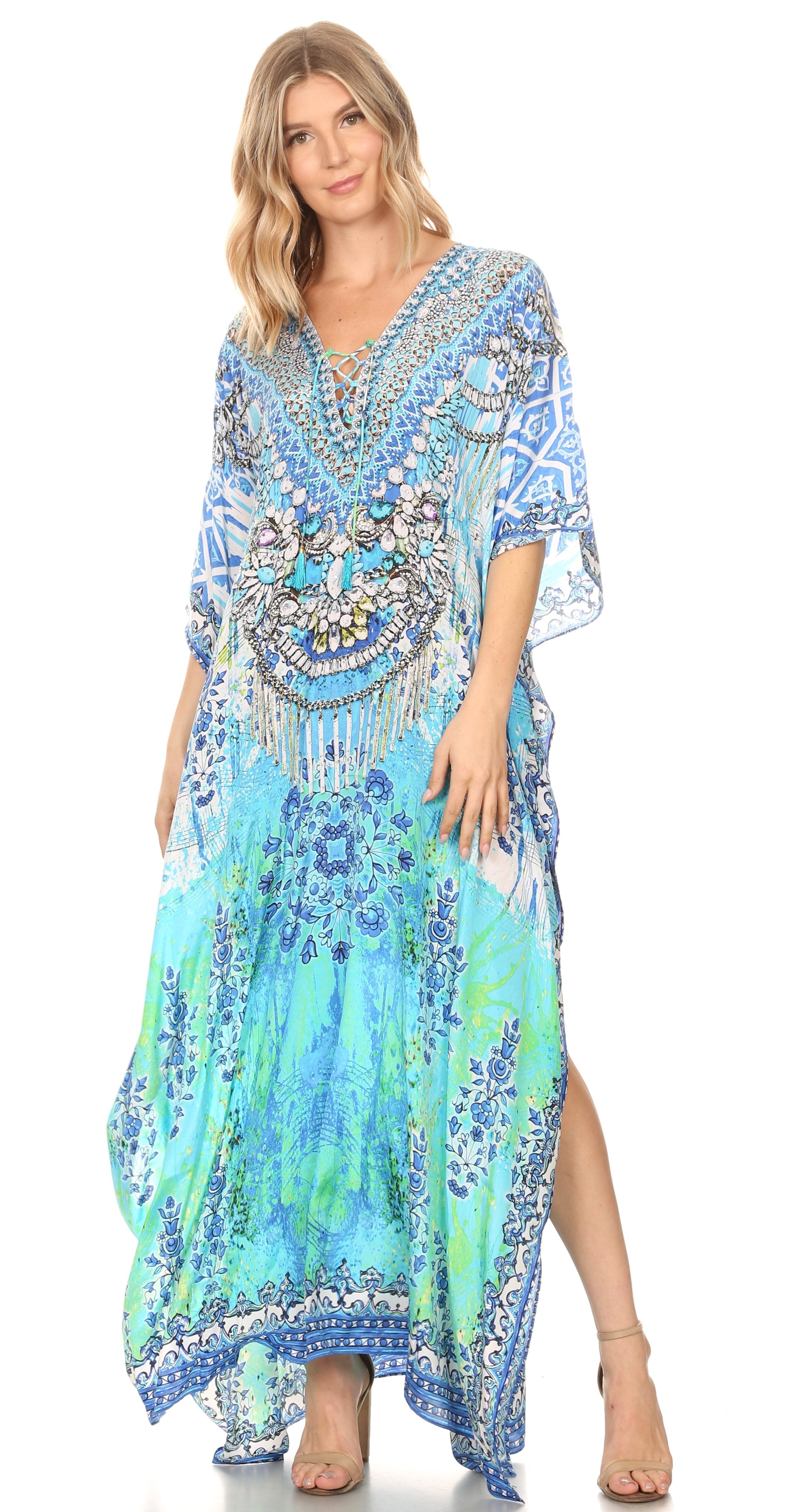 Sakkas Georgettina Flowy Rhinestone V Neck Long Caftan