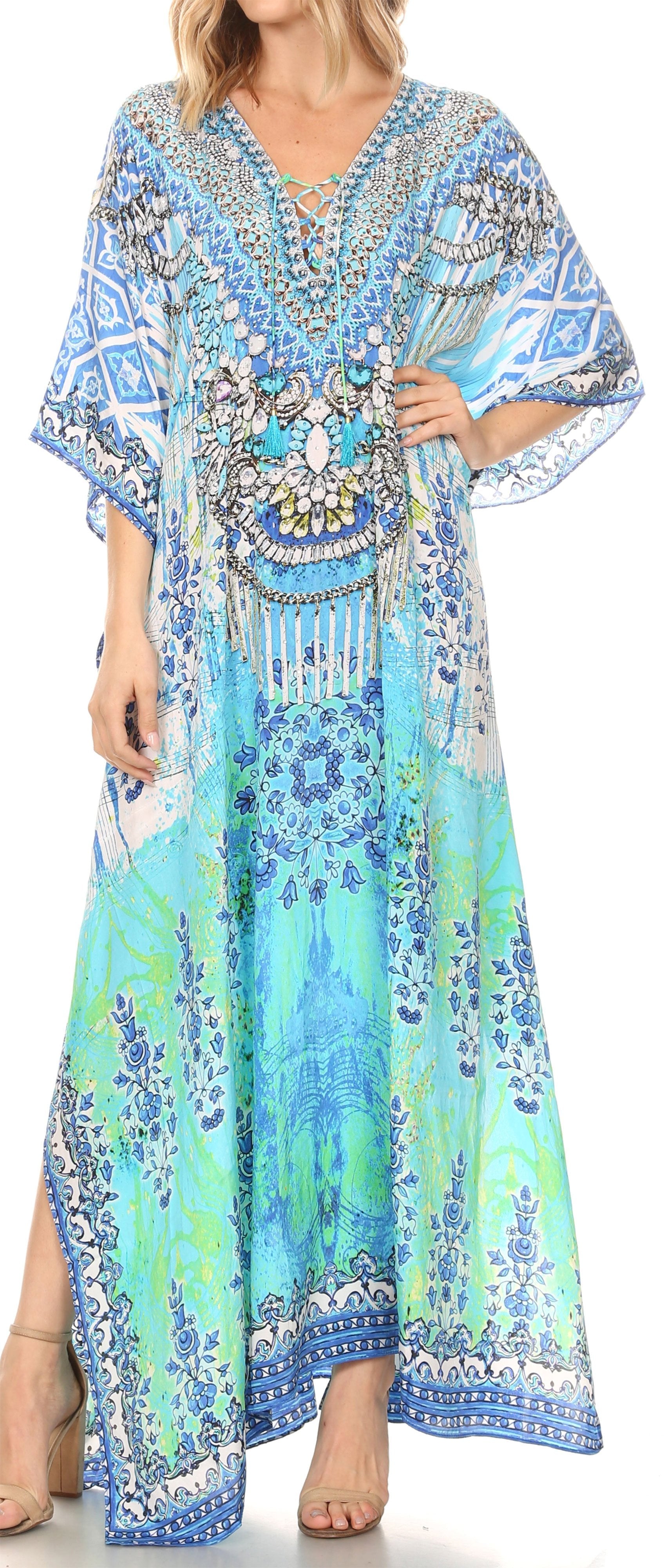 Sakkas Georgettina Flowy Rhinestone V Neck Long Caftan