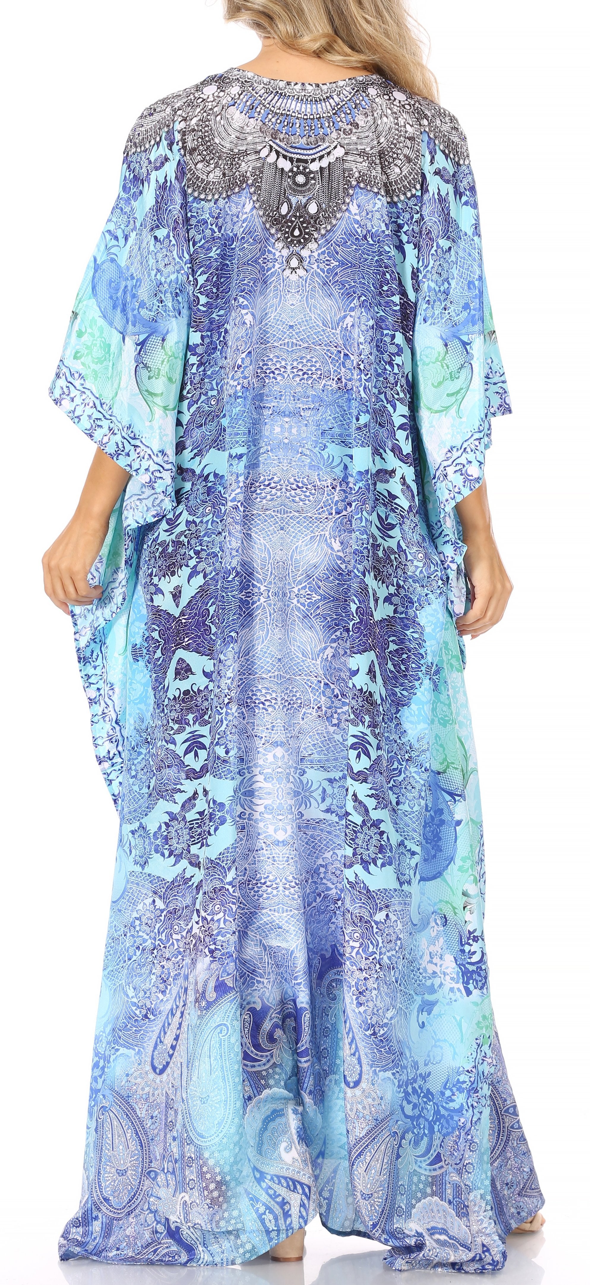 Sakkas Georgettina Flowy Rhinestone V Neck Long Caftan