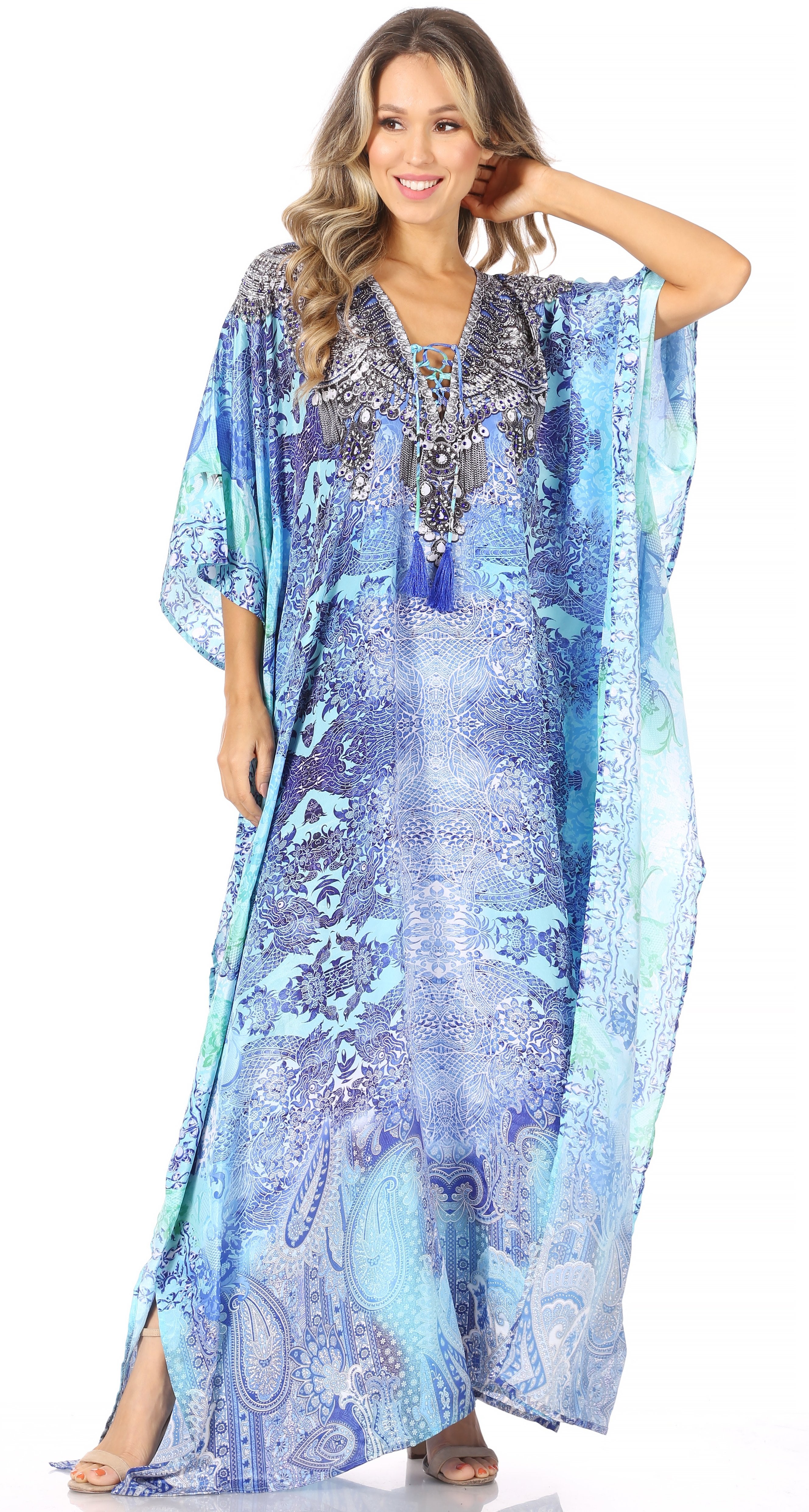 Sakkas Georgettina Flowy Rhinestone V Neck Long Caftan