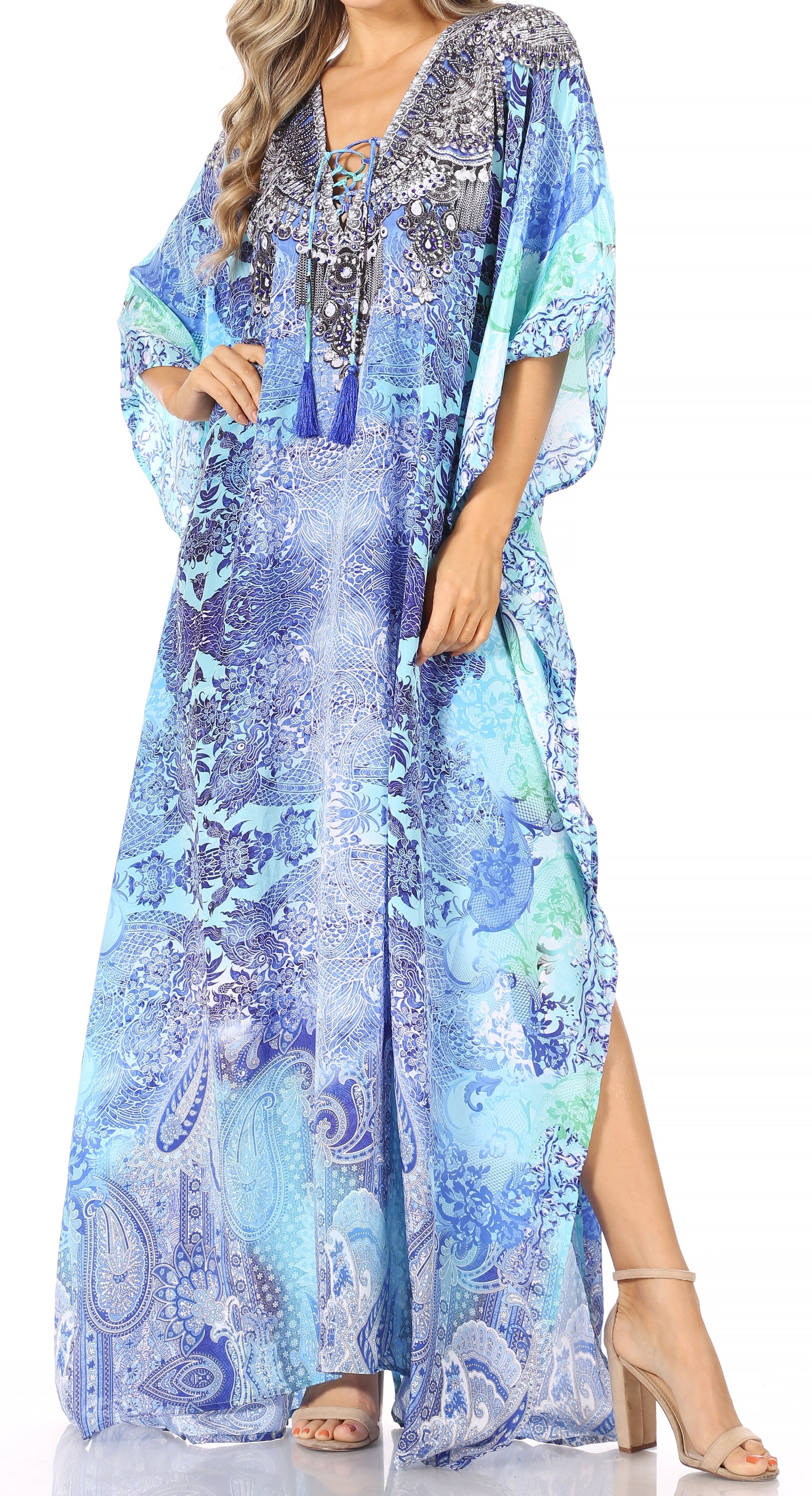 Sakkas Georgettina Flowy Rhinestone V Neck Long Caftan