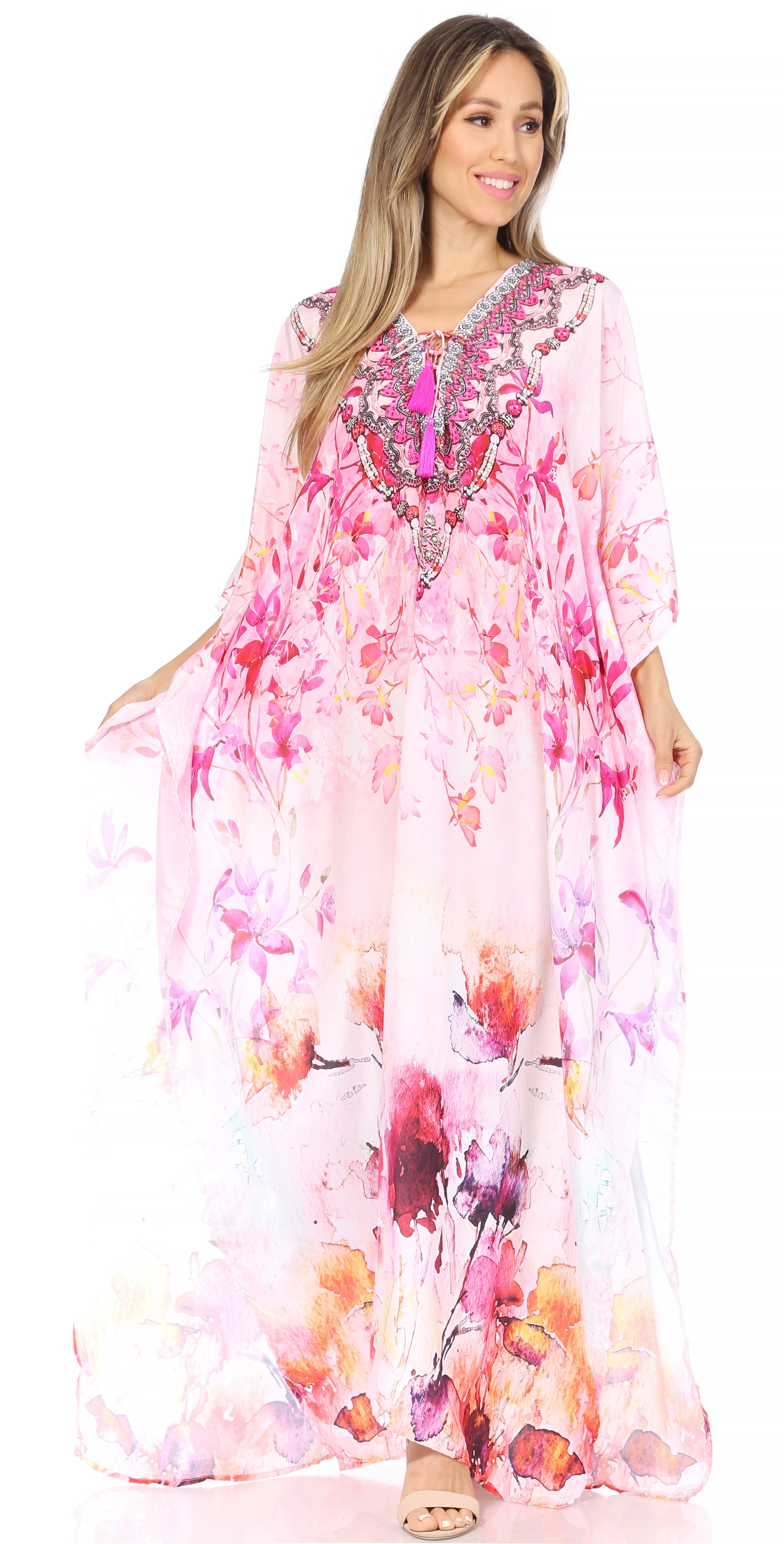 Sakkas Georgettina Flowy Rhinestone V Neck Long Caftan