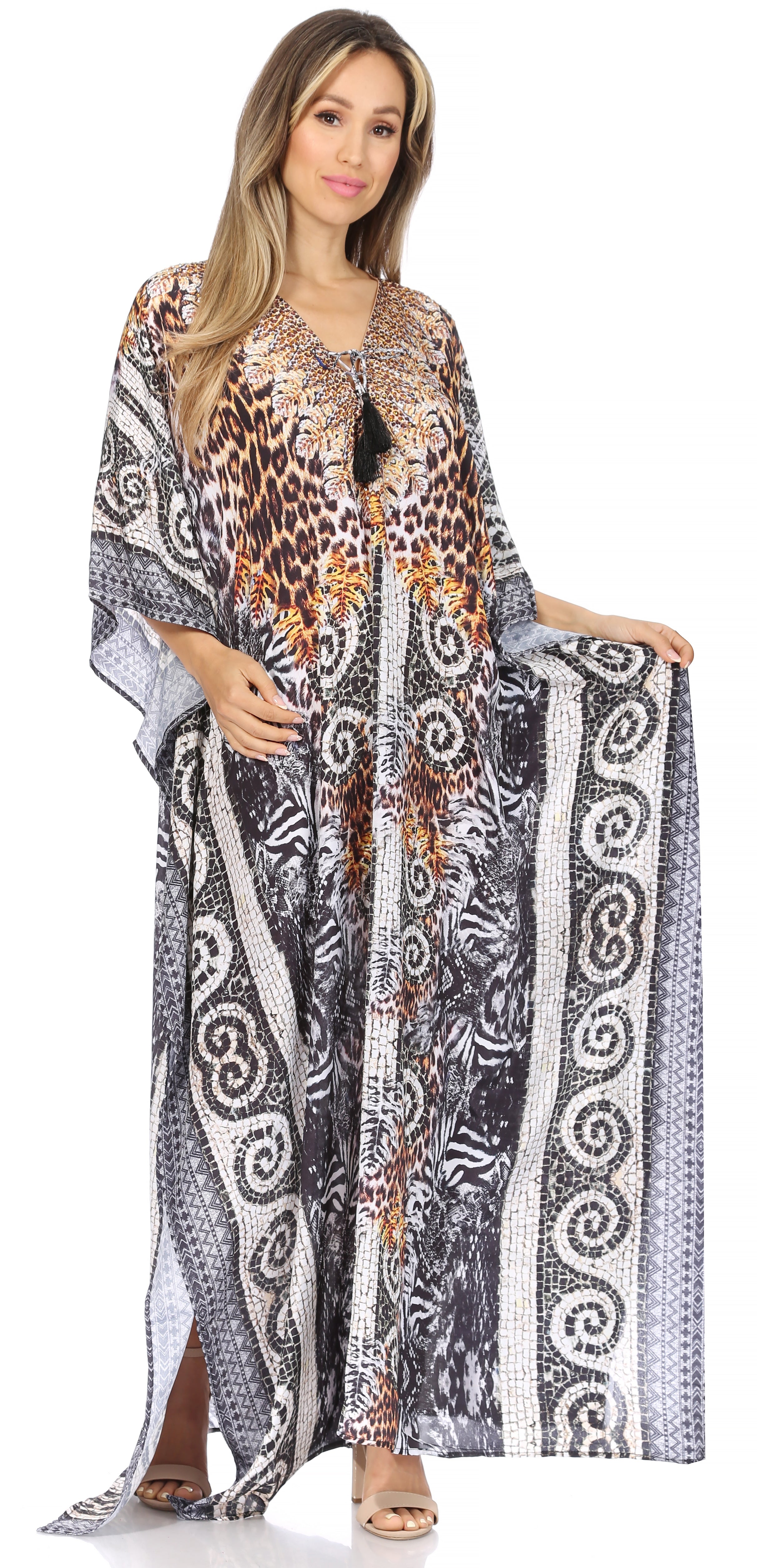 Sakkas Georgettina Flowy Rhinestone V Neck Long Caftan