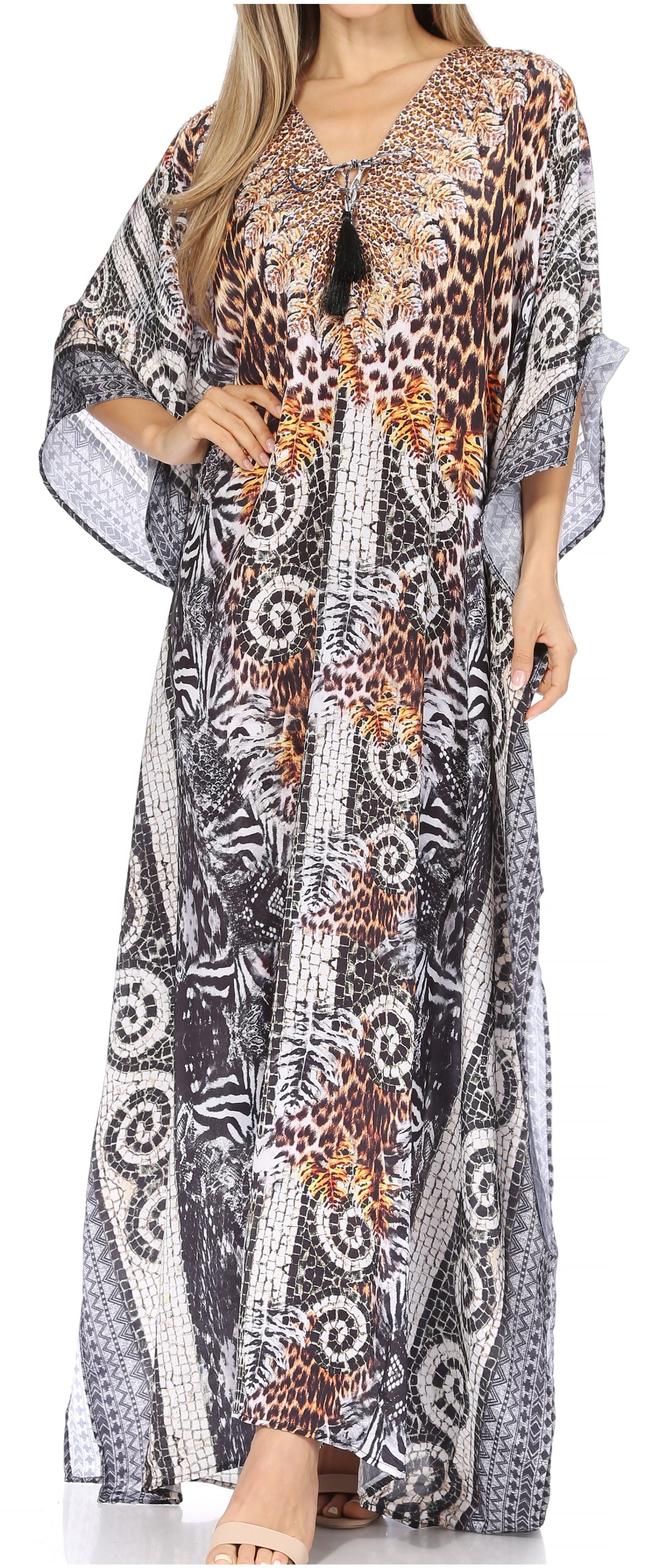 Sakkas Georgettina Flowy Rhinestone V Neck Long Caftan