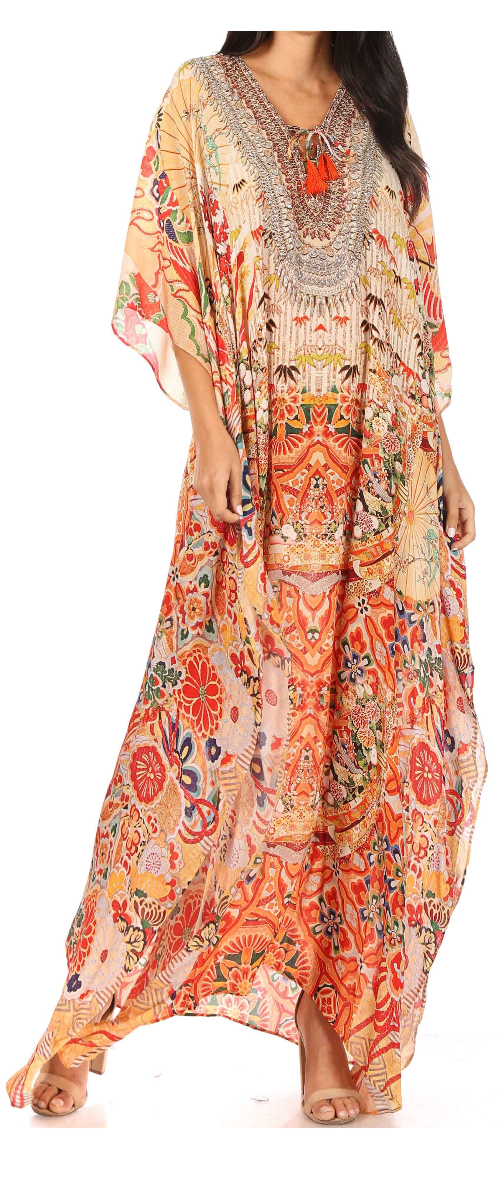 Sakkas Georgettina Flowy Rhinestone V Neck Long Caftan