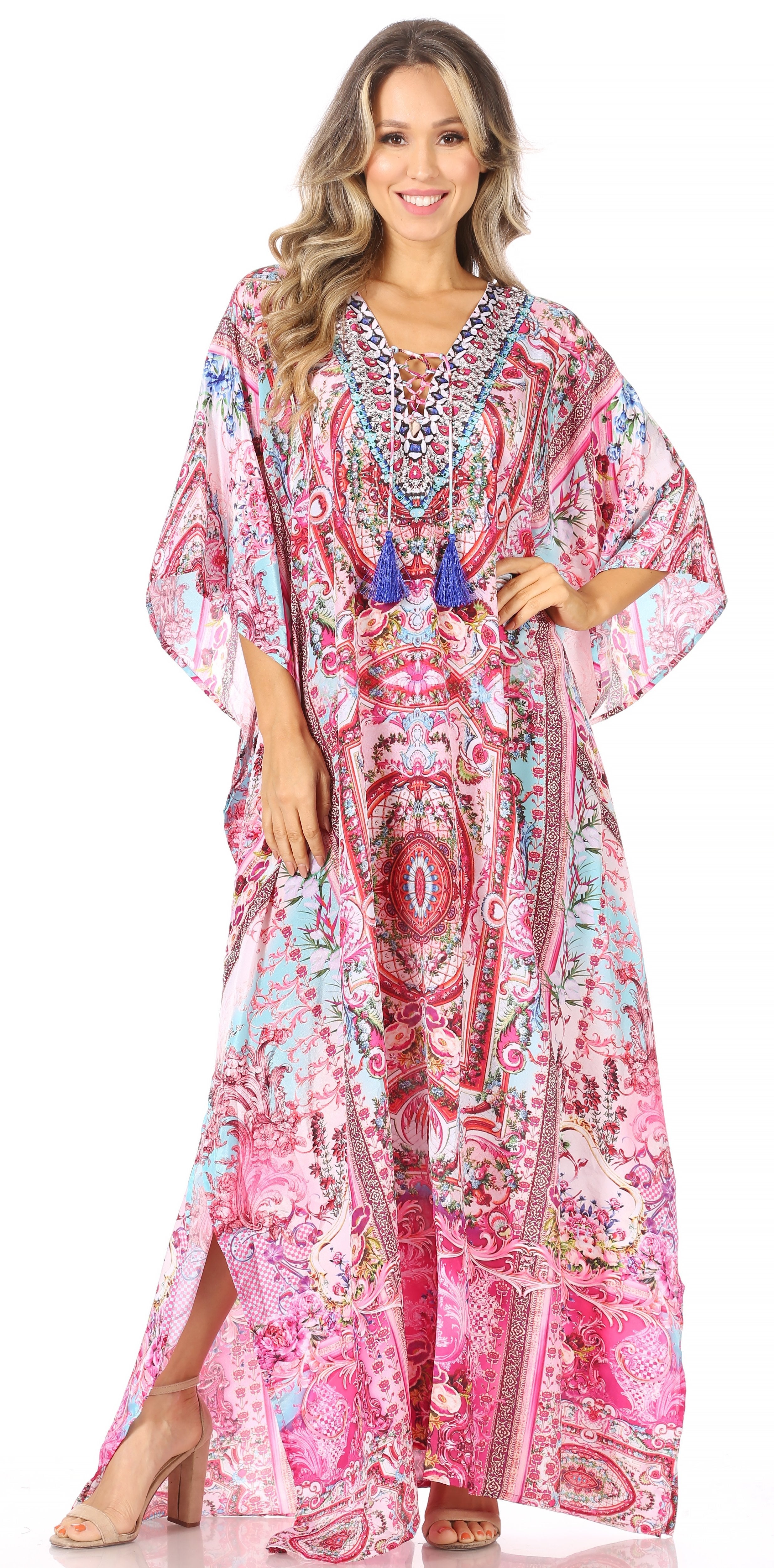 Sakkas Georgettina Flowy Rhinestone V Neck Long Caftan