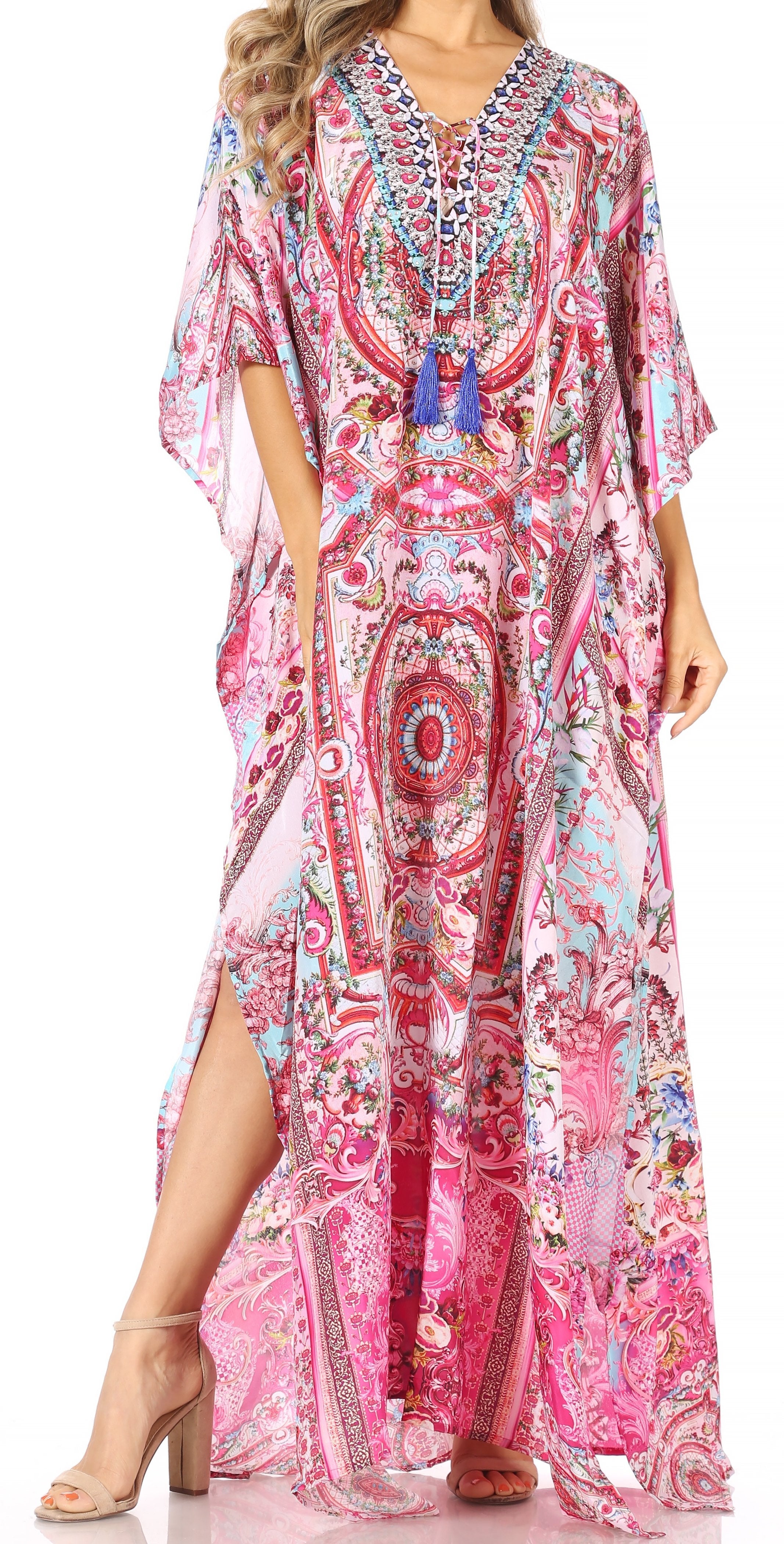 Sakkas Georgettina Flowy Rhinestone V Neck Long Caftan