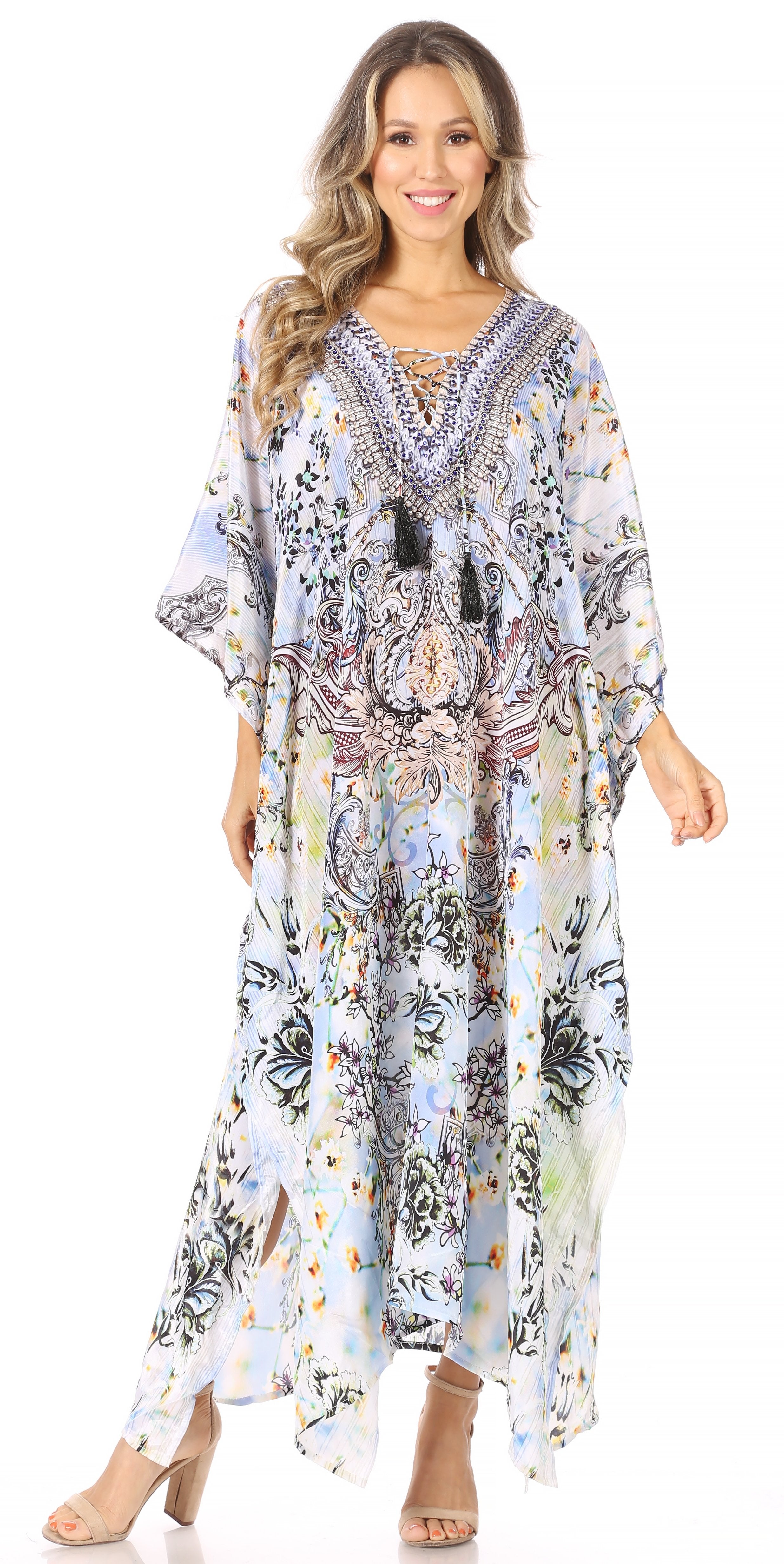 Sakkas Georgettina Flowy Rhinestone V Neck Long Caftan