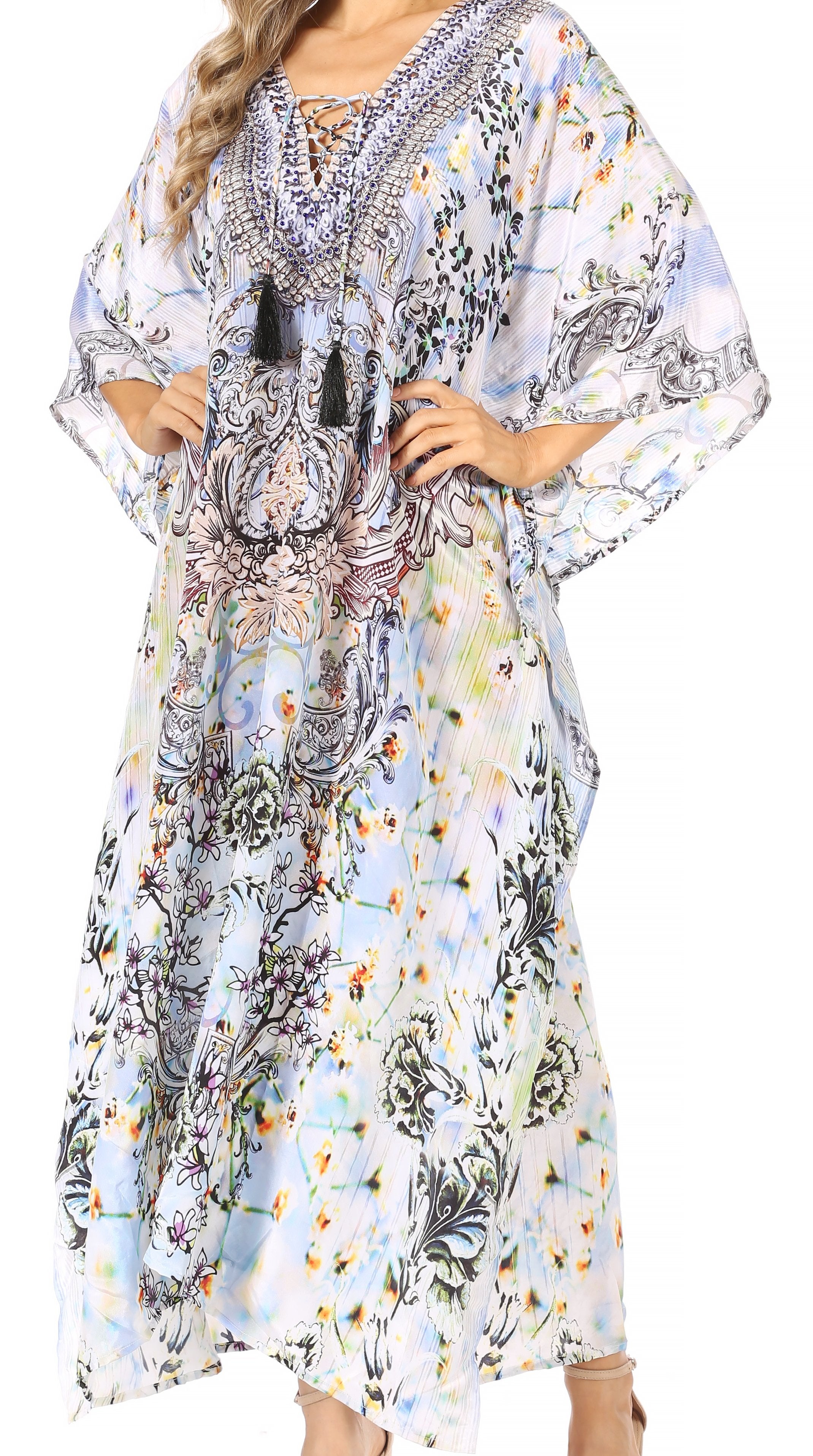 Sakkas Georgettina Flowy Rhinestone V Neck Long Caftan
