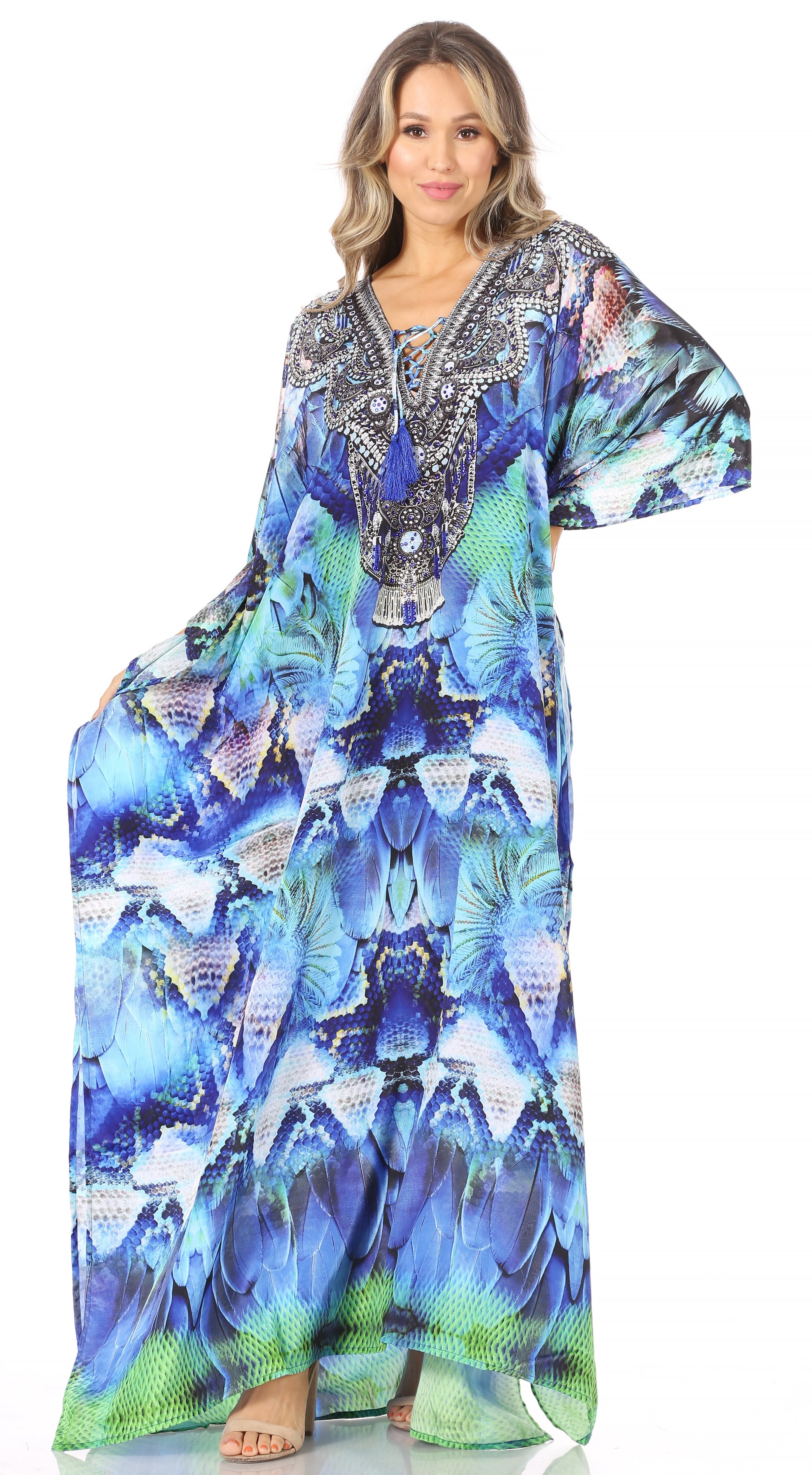 Sakkas Georgettina Flowy Rhinestone V Neck Long Caftan