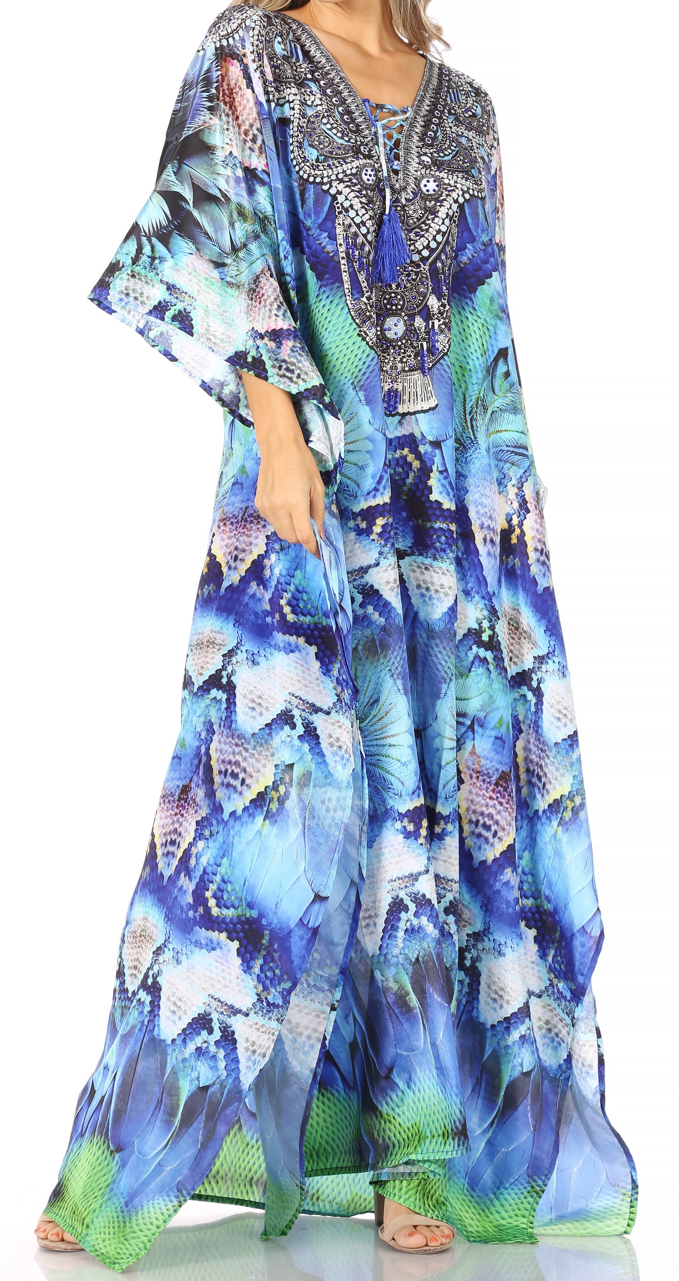 Sakkas Georgettina Flowy Rhinestone V Neck Long Caftan
