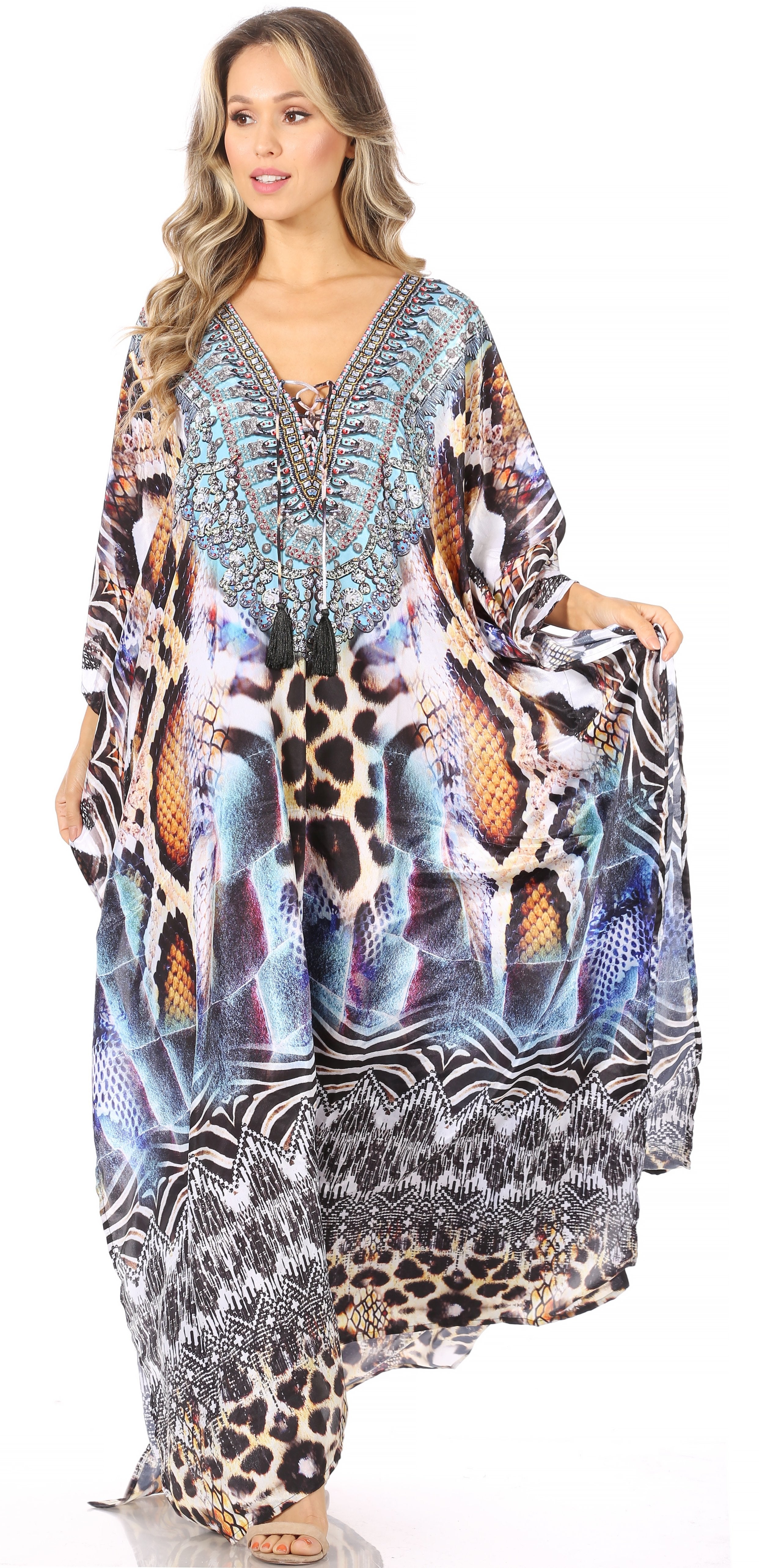 Sakkas Georgettina Flowy Rhinestone V Neck Long Caftan