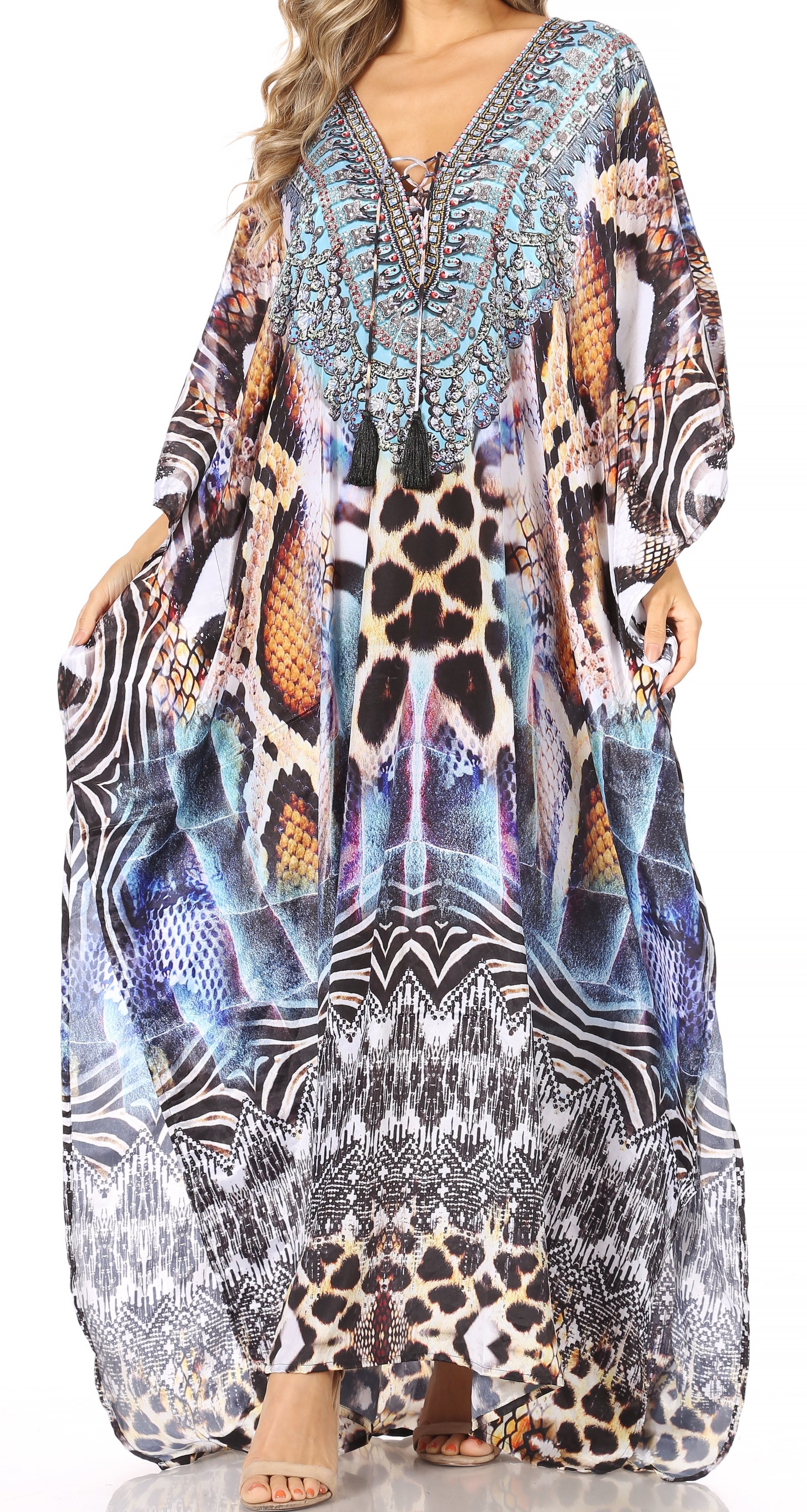Sakkas Georgettina Flowy Rhinestone V Neck Long Caftan