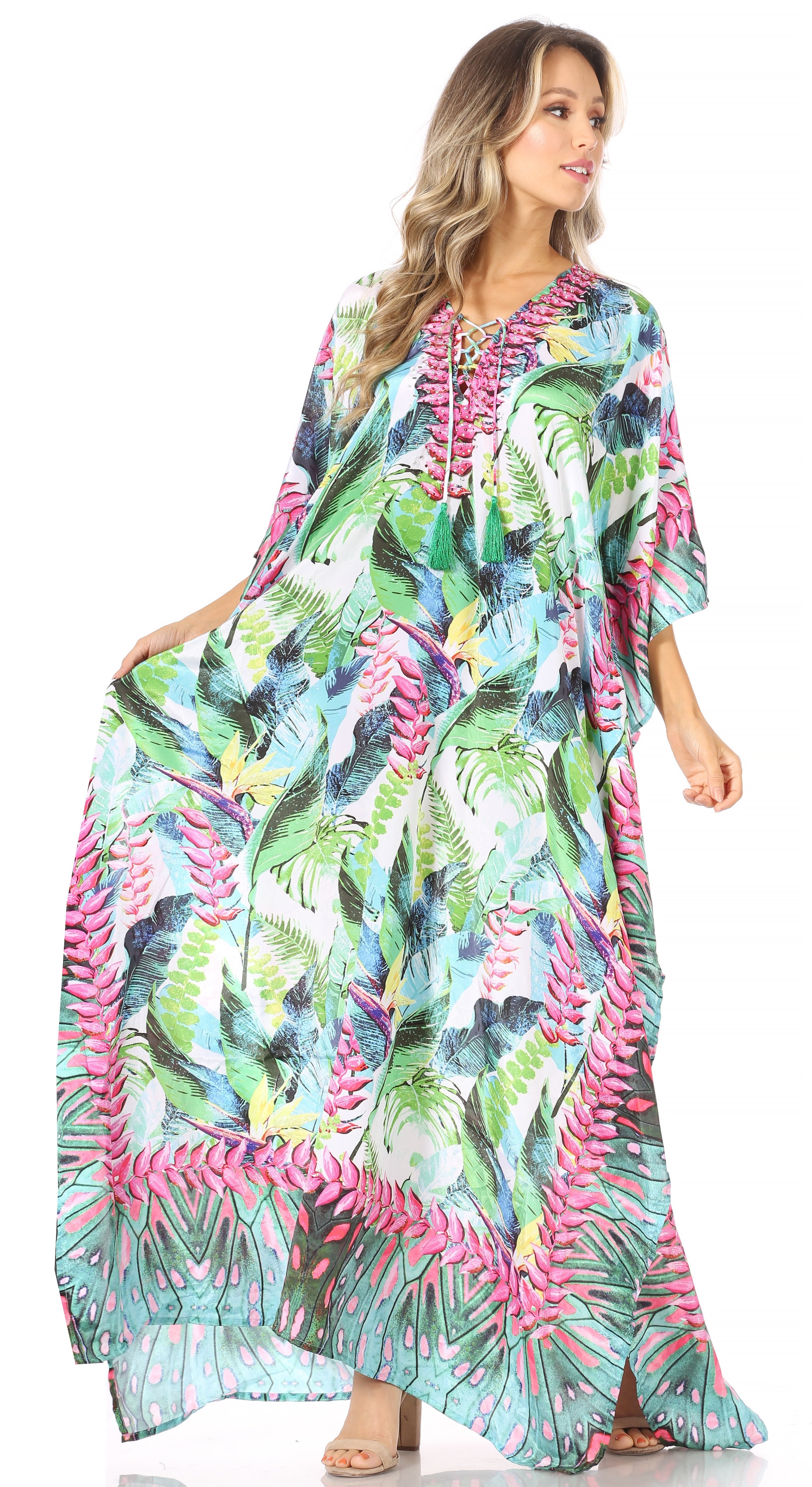 Sakkas Georgettina Flowy Rhinestone V Neck Long Caftan