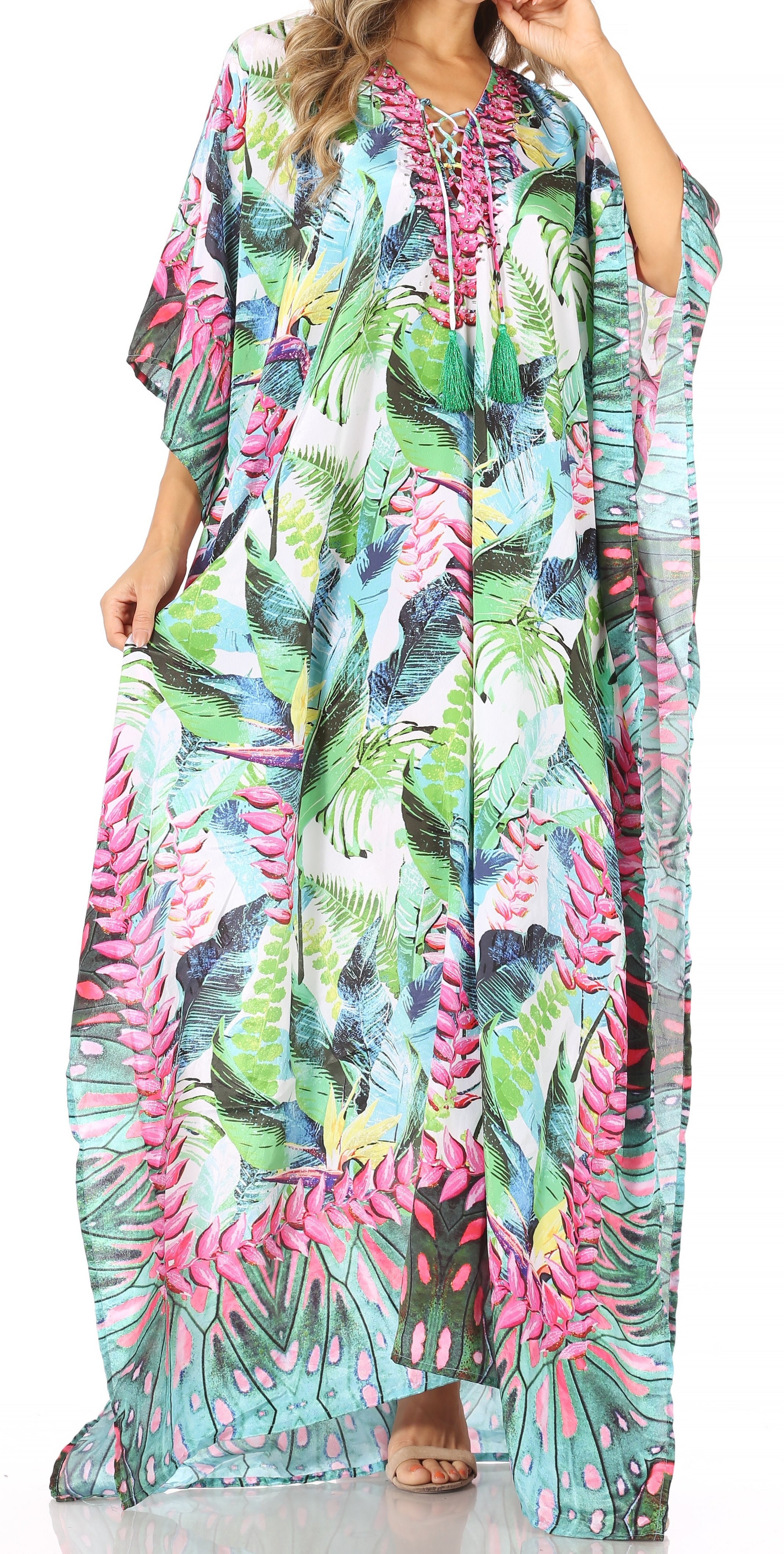 Sakkas Georgettina Flowy Rhinestone V Neck Long Caftan