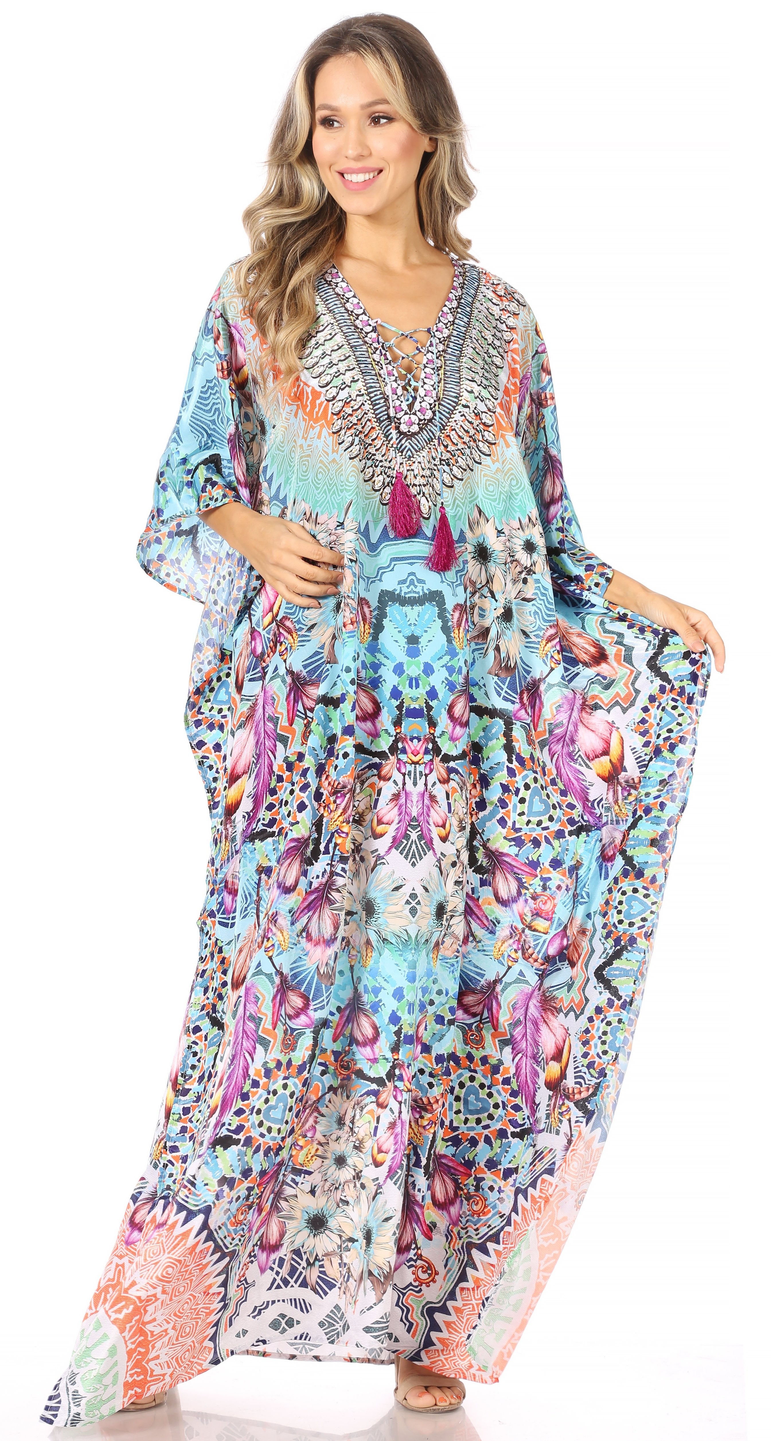 Sakkas Georgettina Flowy Rhinestone V Neck Long Caftan