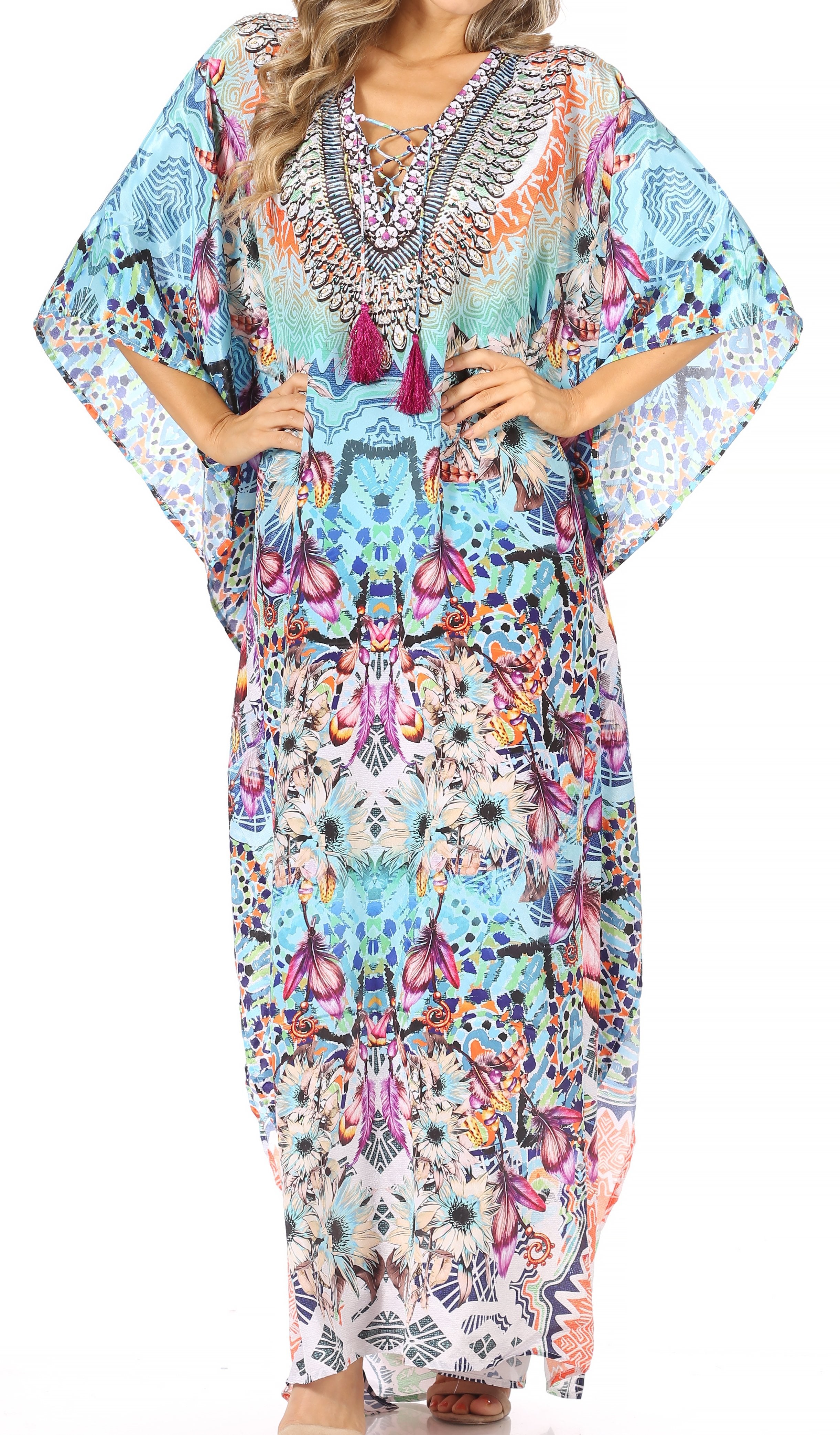 Sakkas Georgettina Flowy Rhinestone V Neck Long Caftan