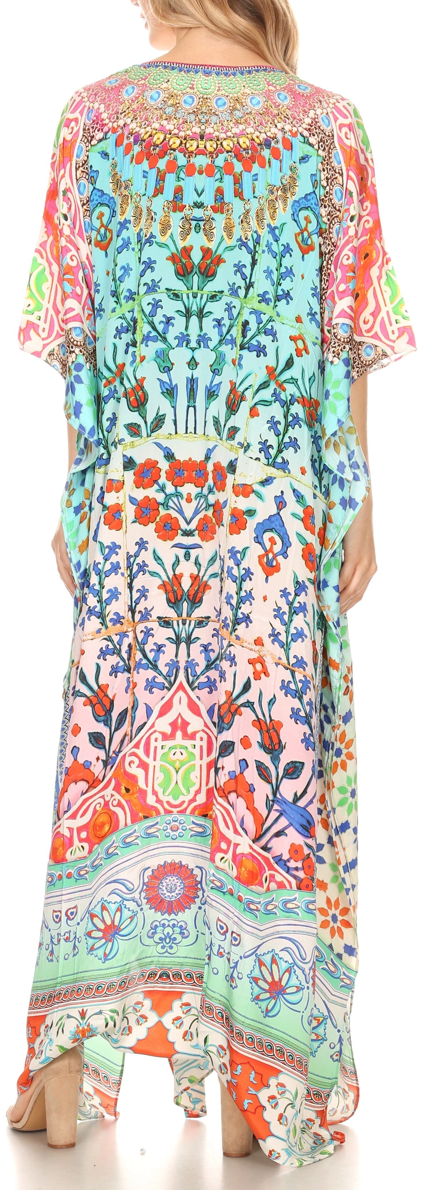 Sakkas Georgettina Flowy Rhinestone V Neck Long Caftan