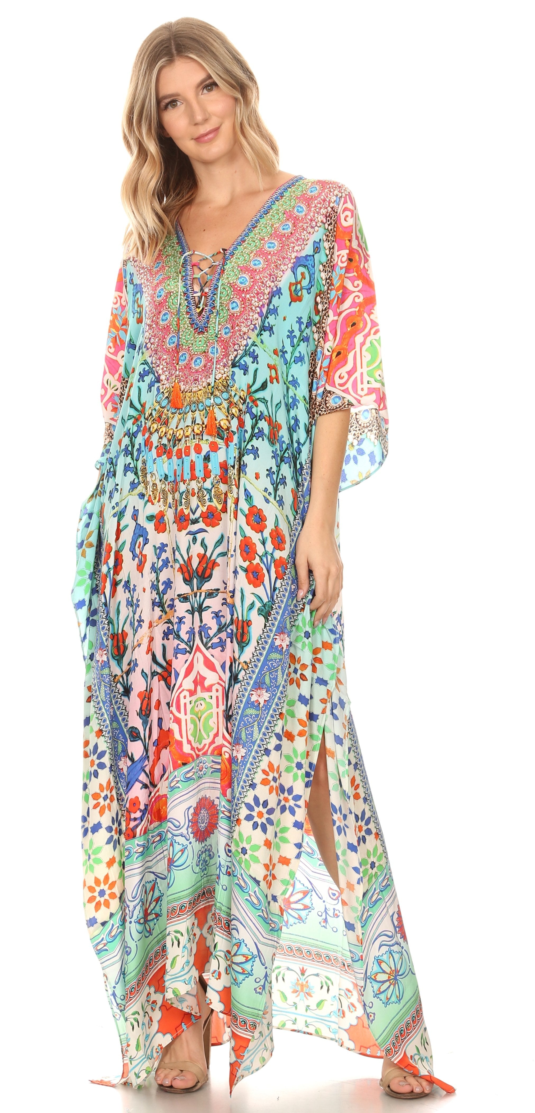 Sakkas Georgettina Flowy Rhinestone V Neck Long Caftan