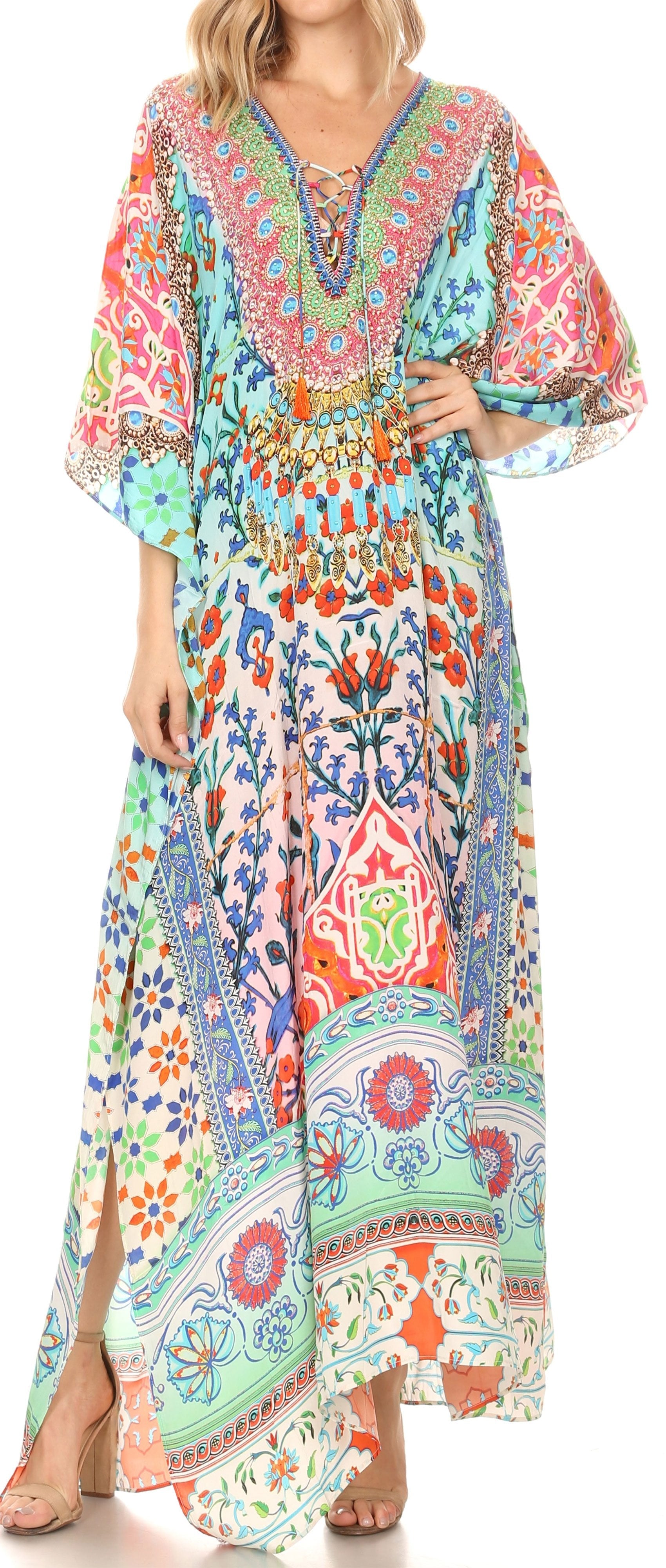Sakkas Georgettina Flowy Rhinestone V Neck Long Caftan