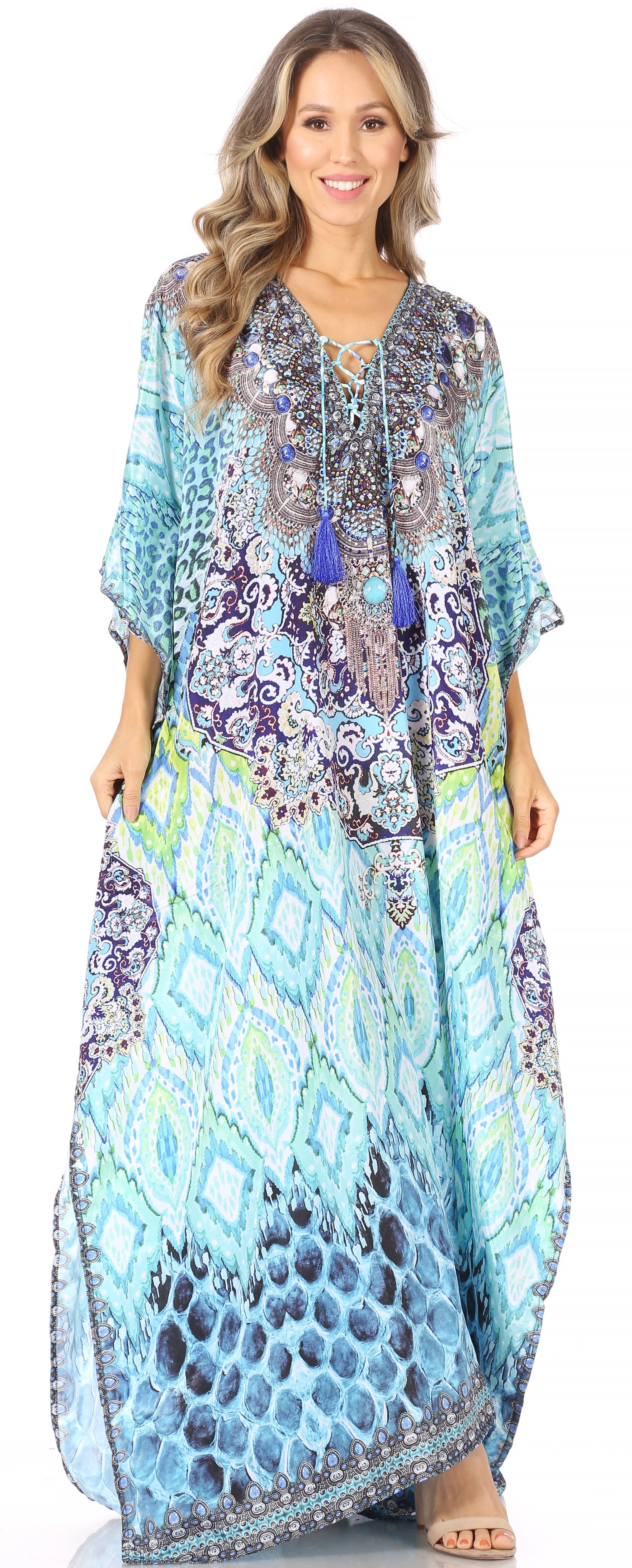 Sakkas Georgettina Flowy Rhinestone V Neck Long Caftan