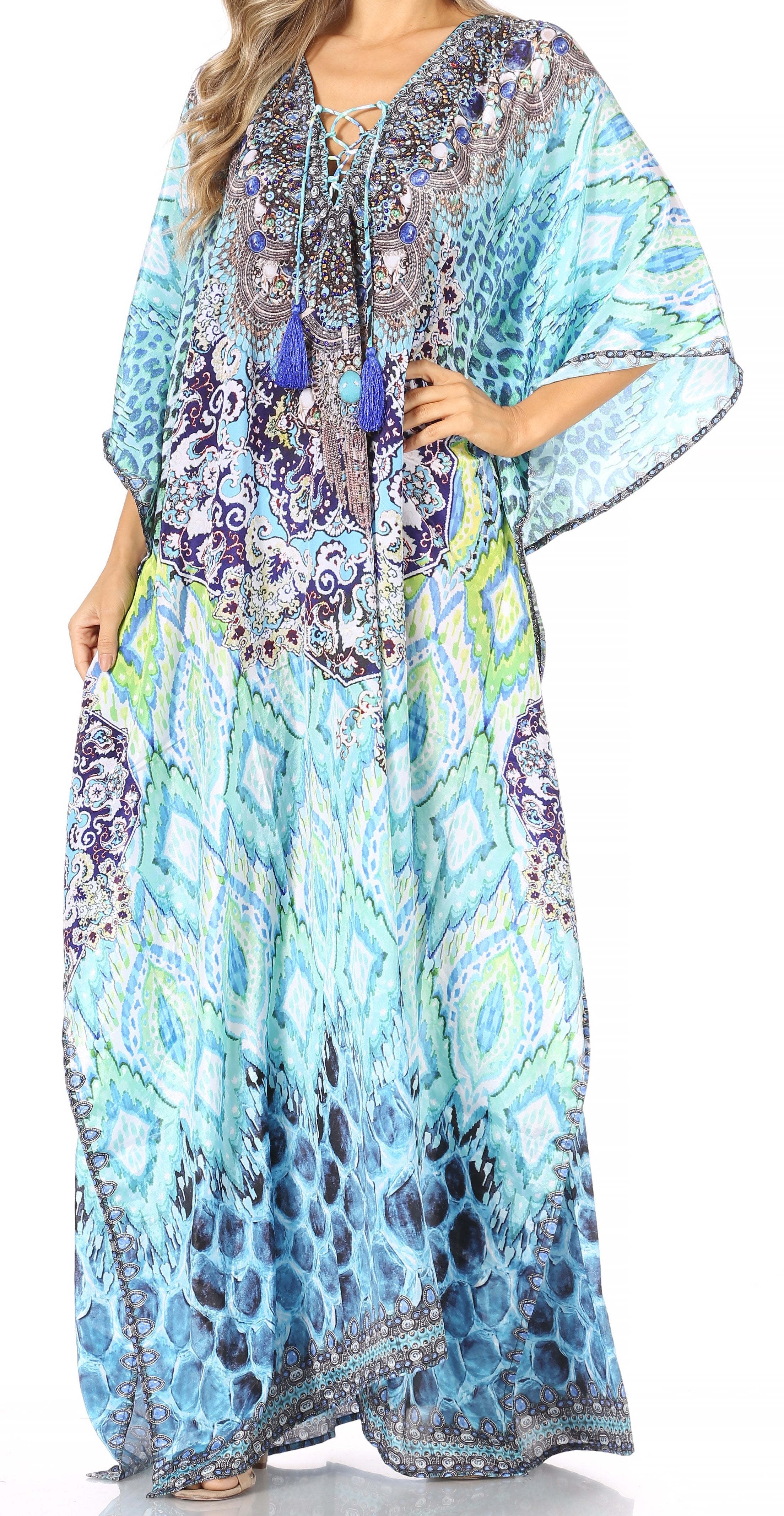 Sakkas Georgettina Flowy Rhinestone V Neck Long Caftan