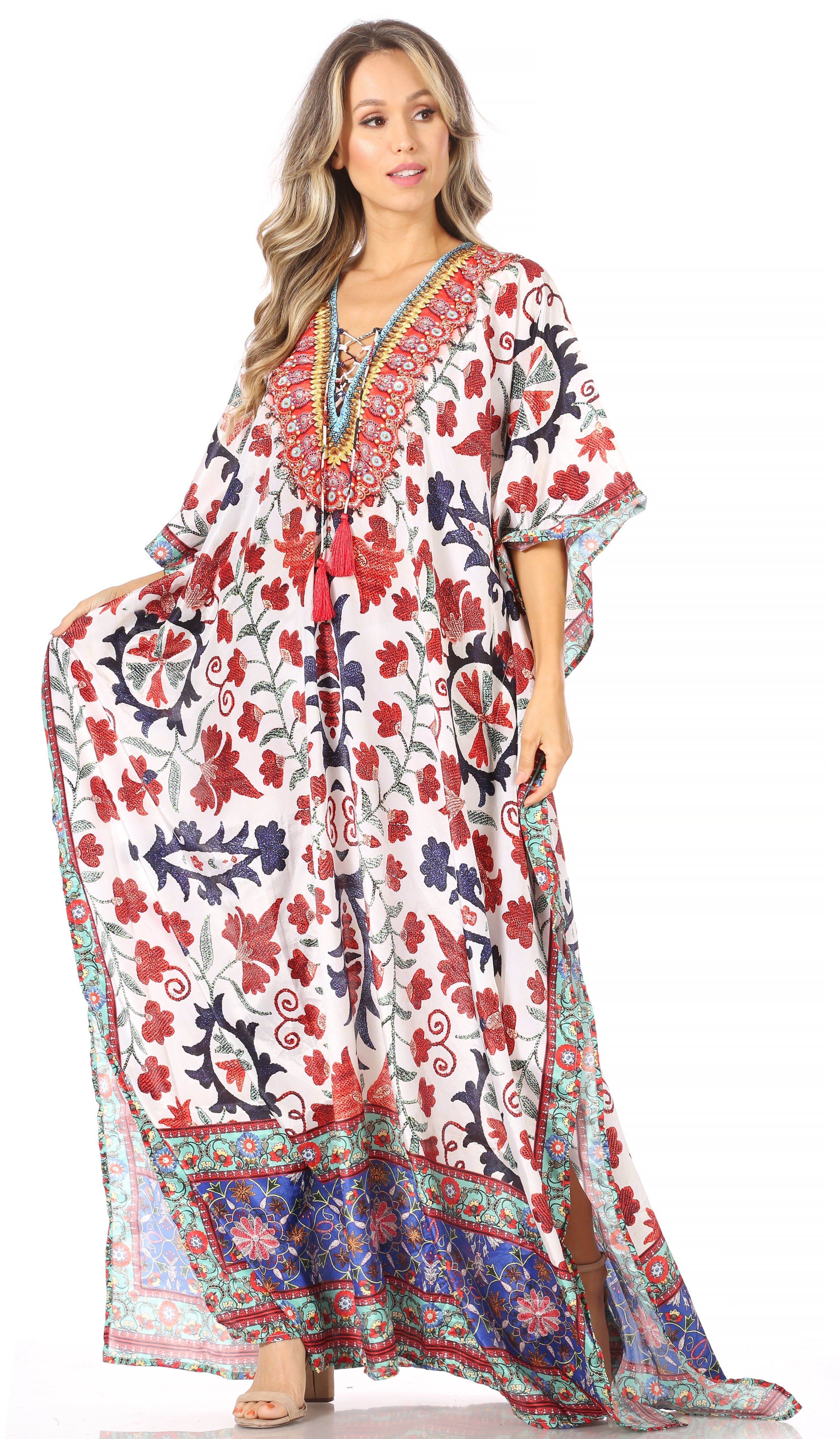Sakkas Georgettina Flowy Rhinestone V Neck Long Caftan