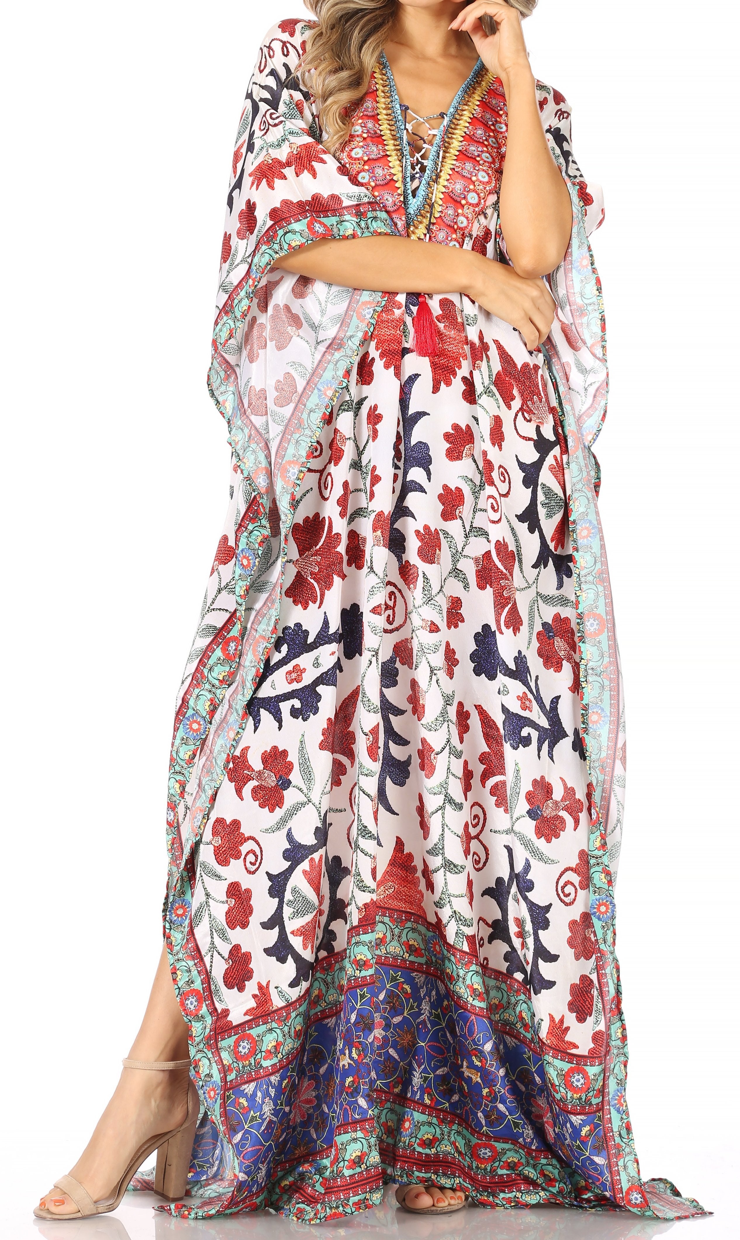 Sakkas Georgettina Flowy Rhinestone V Neck Long Caftan