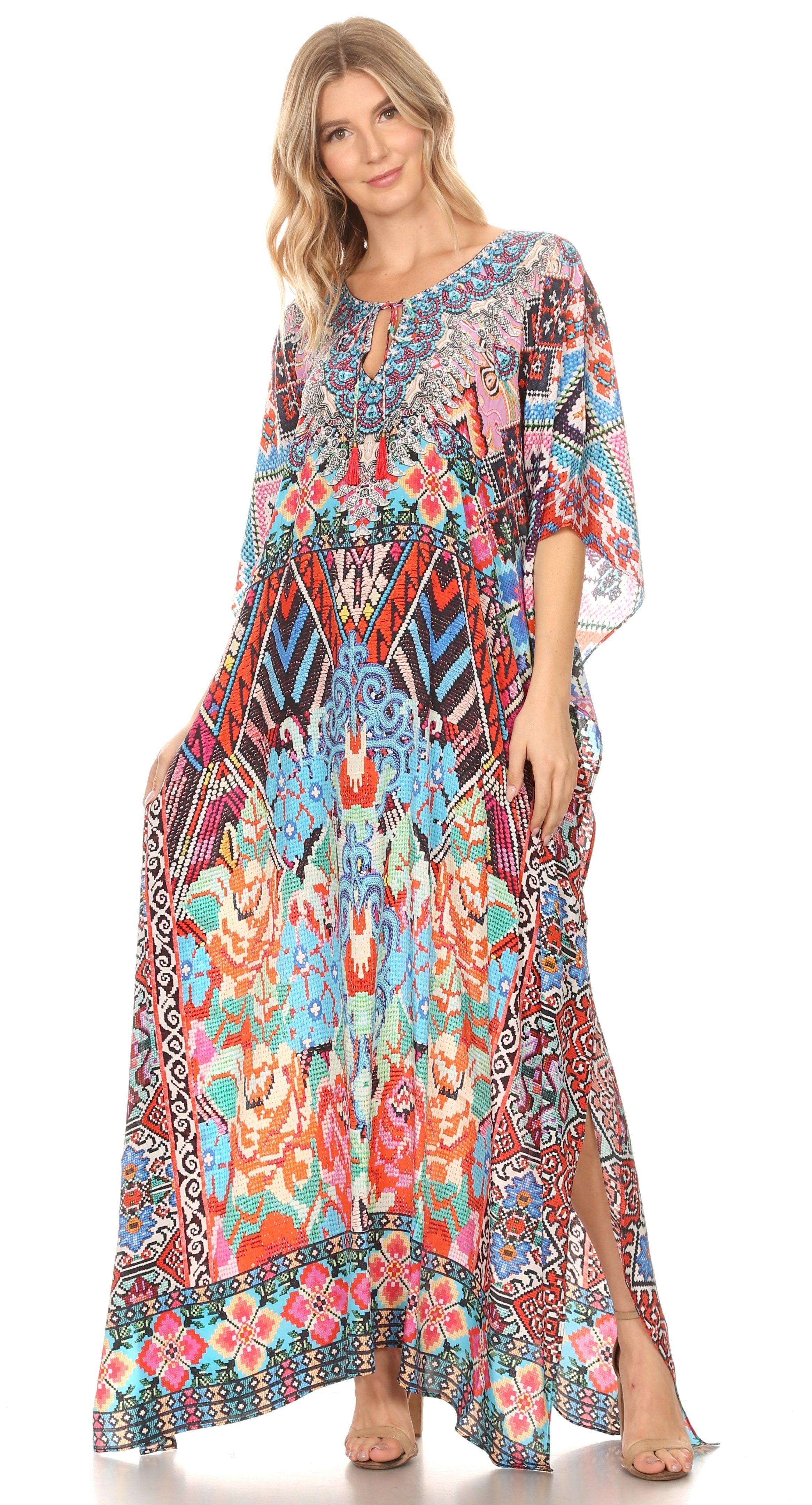 Sakkas Georgettina Flowy Rhinestone V Neck Long Caftan