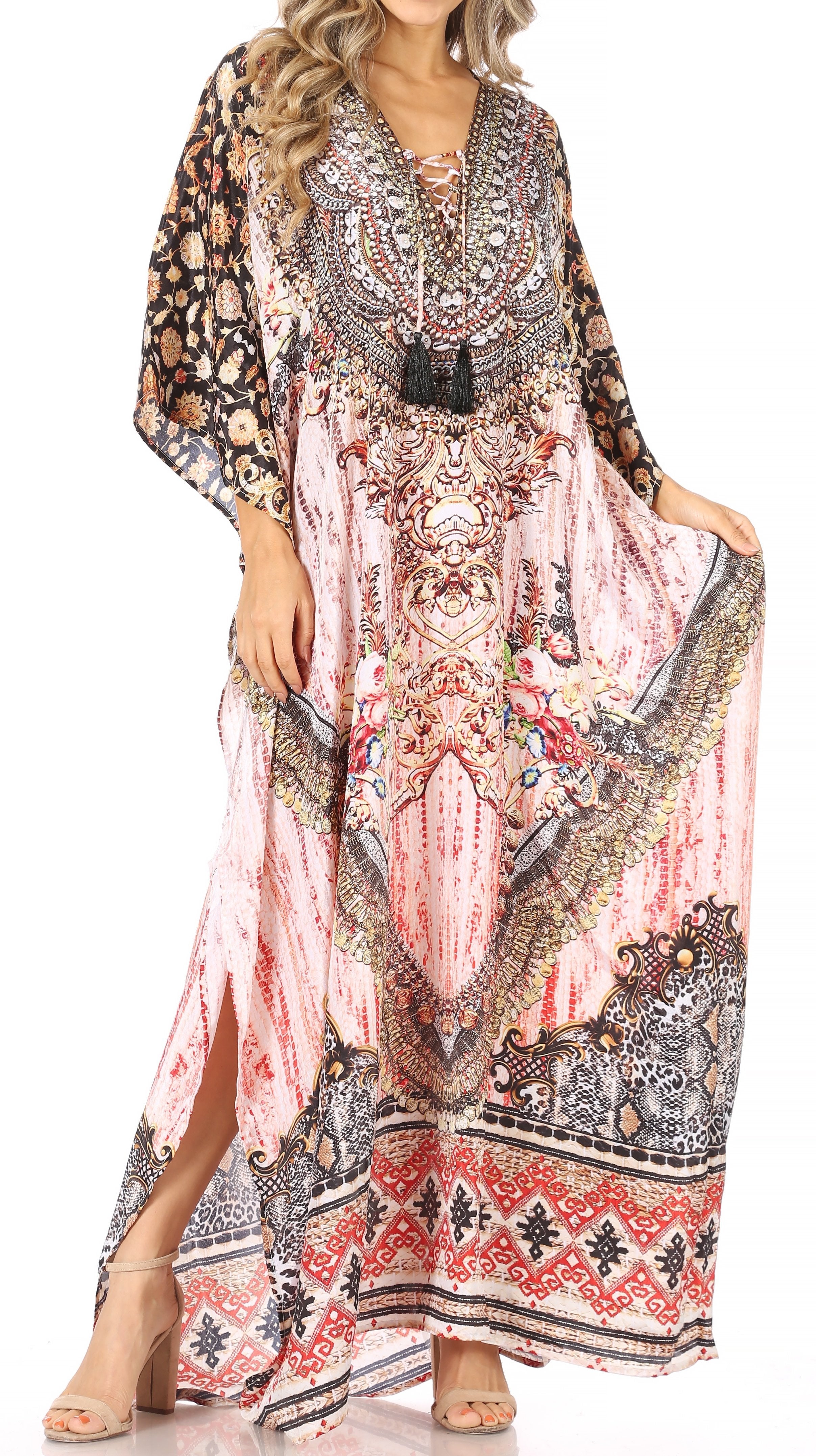 Sakkas Georgettina Flowy Rhinestone V Neck Long Caftan