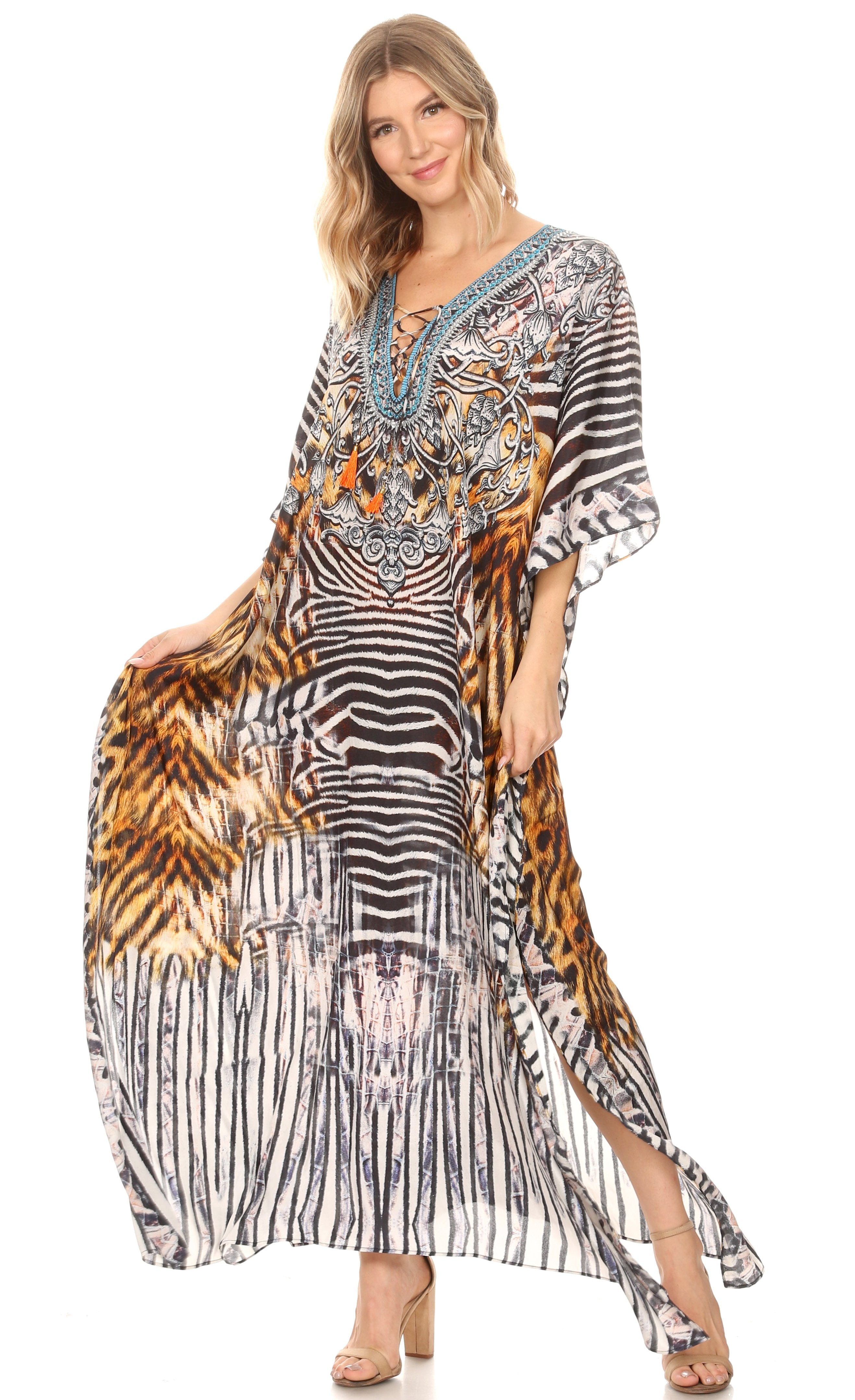Sakkas Georgettina Flowy Rhinestone V Neck Long Caftan