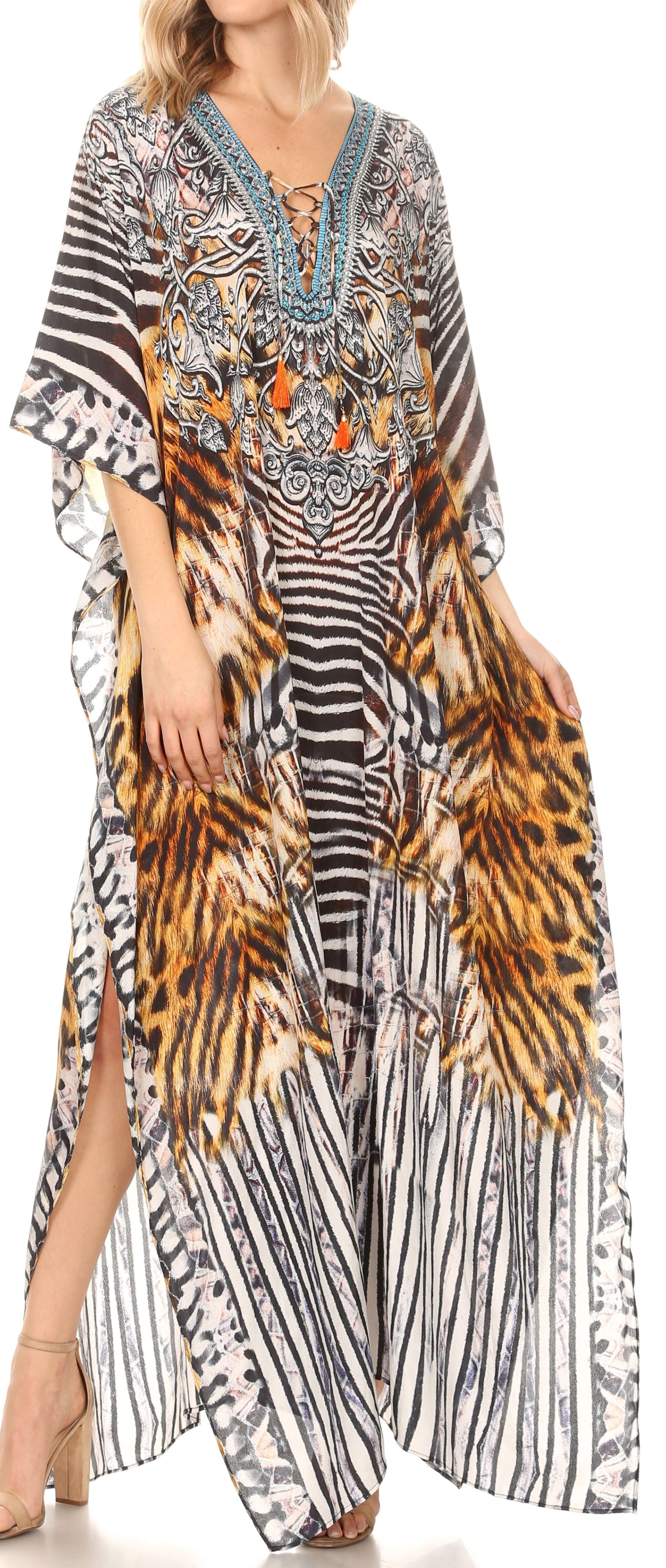 Sakkas Georgettina Flowy Rhinestone V Neck Long Caftan