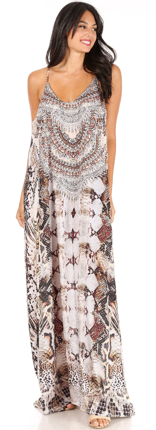 Woman wearing a patterned maxi dress on a white background