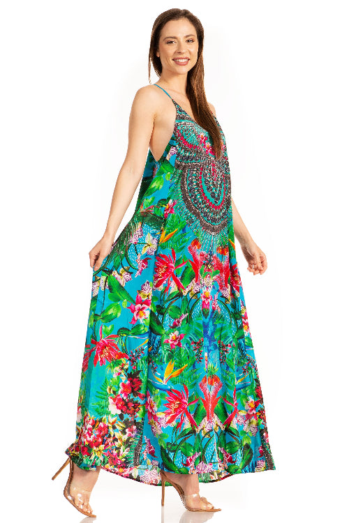 Woman wearing a colorful floral dress on a white background