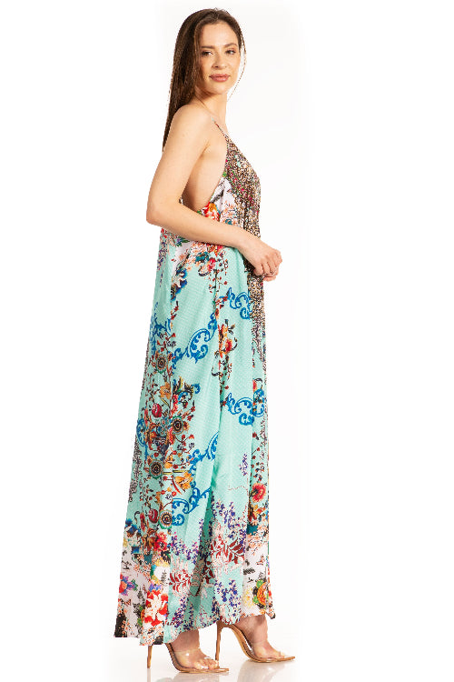 Woman wearing a floral dress with a white background