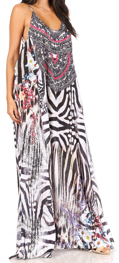 Long dress with black, white, and floral pattern on a white background