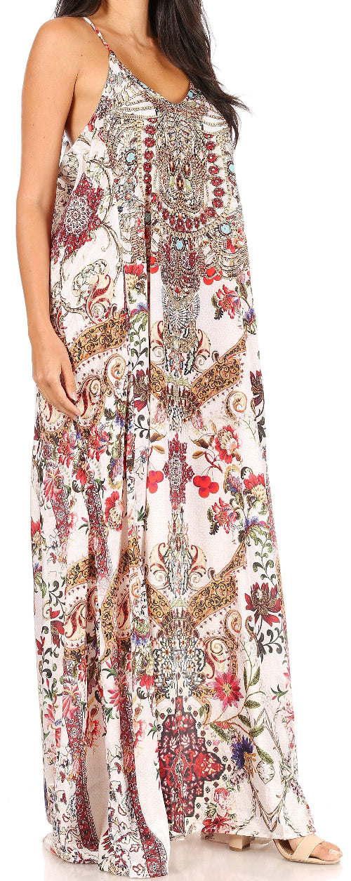 Woman wearing a floral patterned dress with a long skirt.