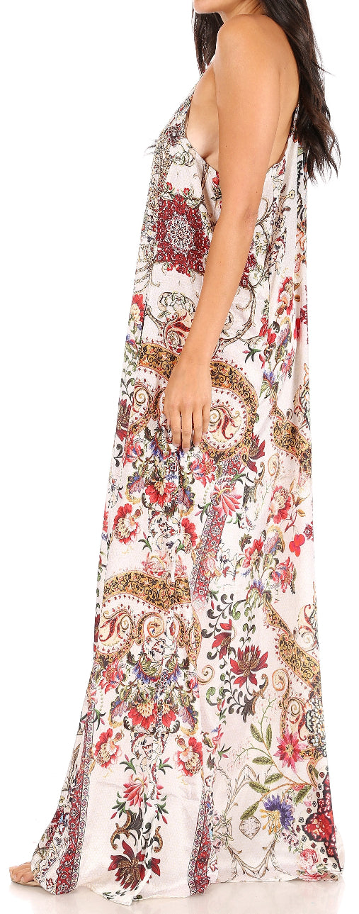 Woman wearing a floral maxi dress on a white background