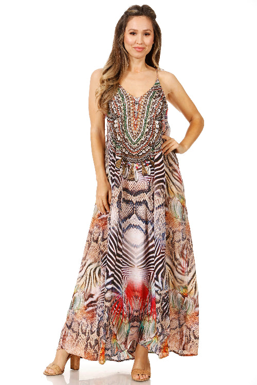 Woman wearing a colorful patterned dress on a white background