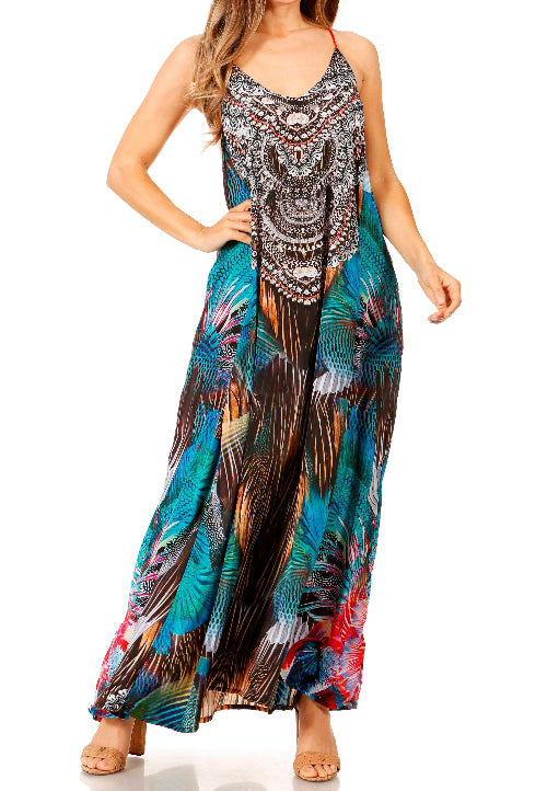 Woman wearing a colorful patterned dress on a white background