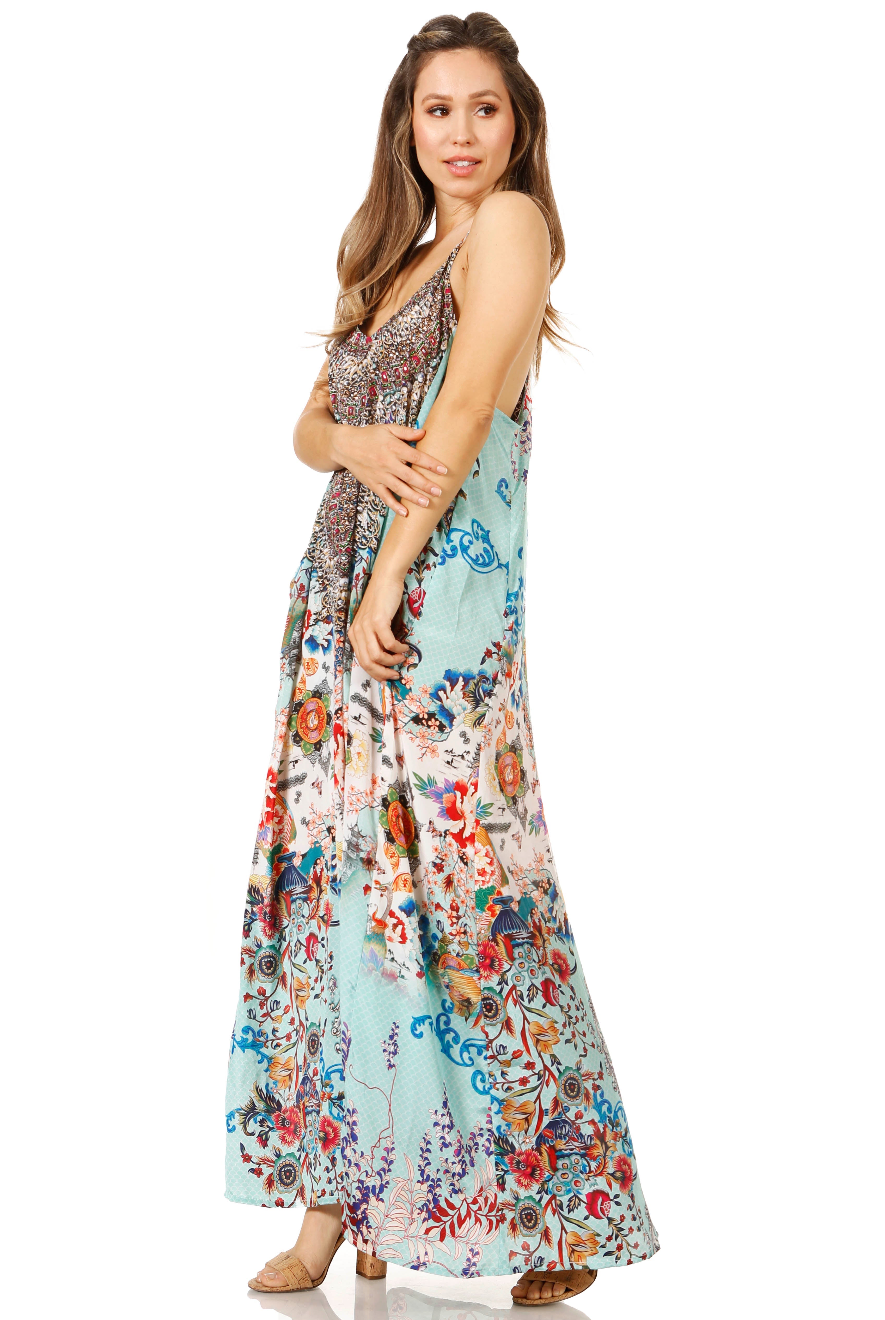 Woman wearing a floral dress on a white background