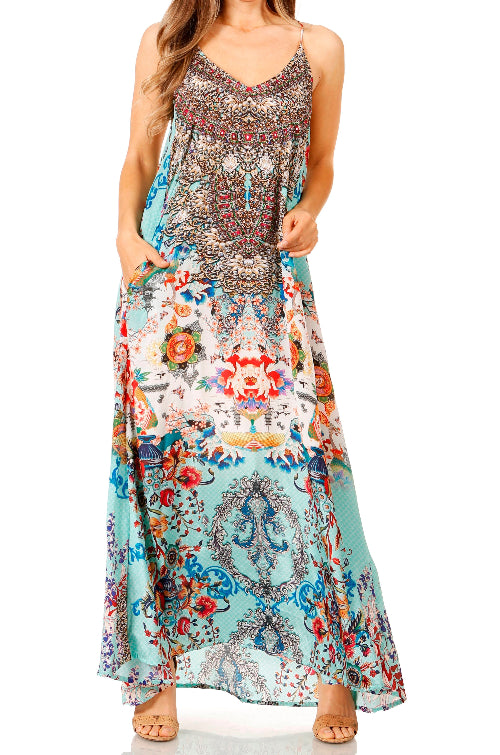 Multicolored floral and paisley patterned dress on a white background
