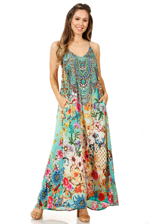 Woman wearing a colorful floral dress on a white background