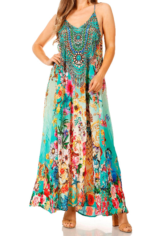 Woman wearing a colorful floral dress on a white background